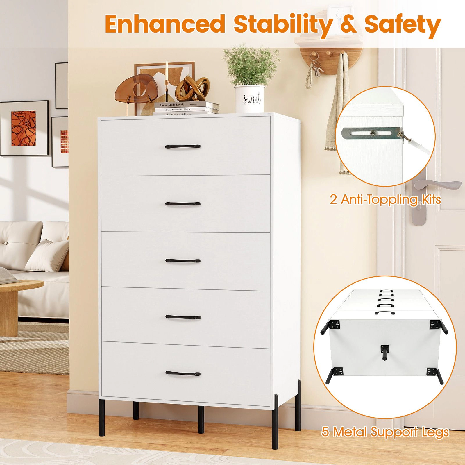 SlickBlue 5 Drawer Storage Chest Tall Dresser for Bedroom Living Room