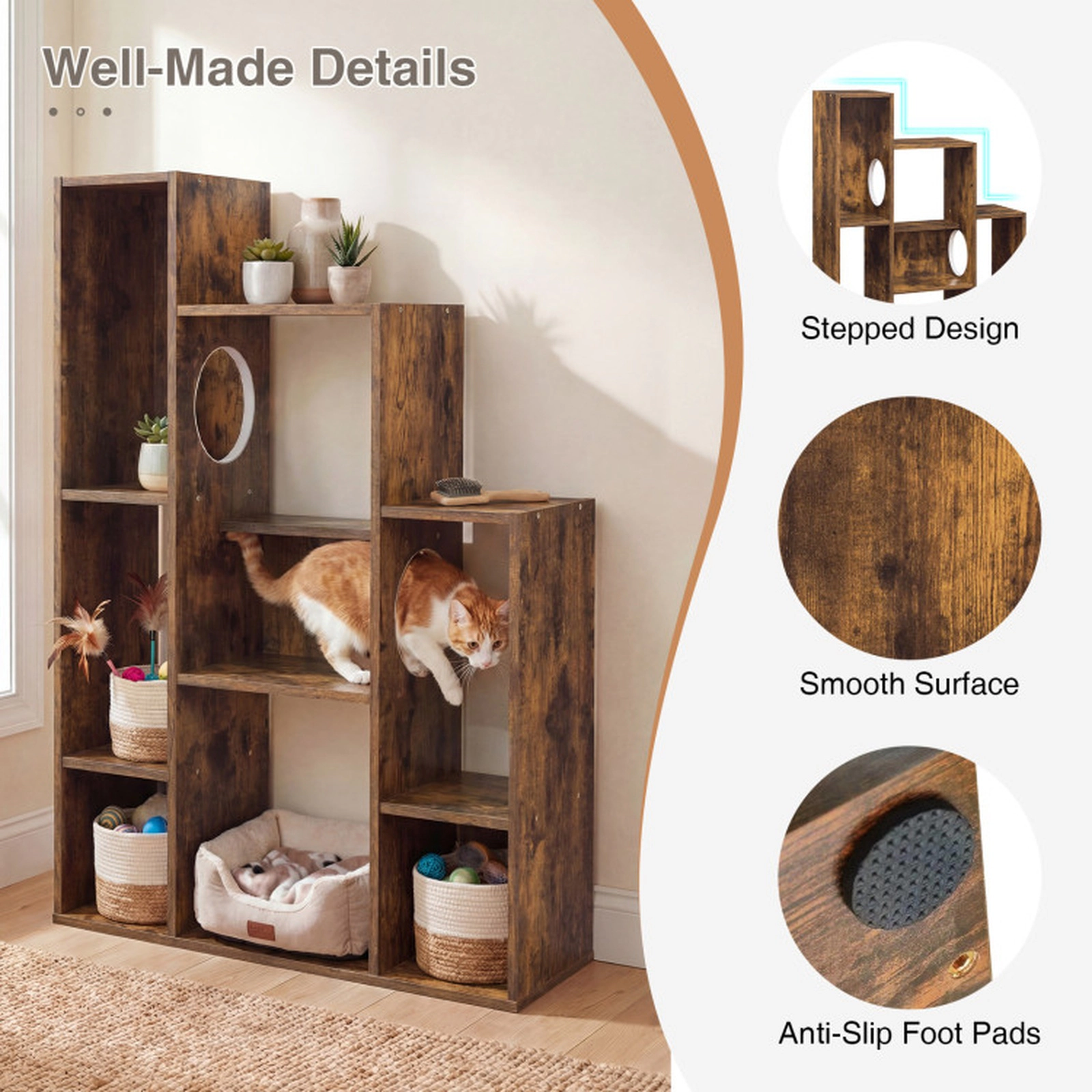 SUGIFT 46-in Cat Tree Bookshelf with 2 Round Hideaway Holes Stepped Climbing Levels and 8 Shelves
