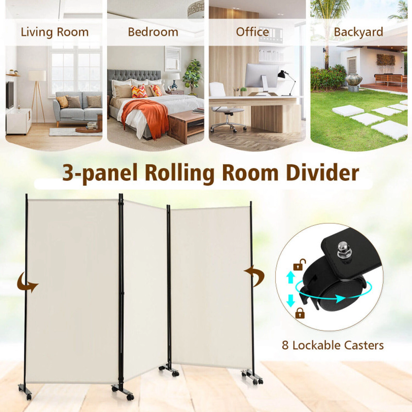 SUGIFT White 3-Panel 103-in Wide 71-in Tall Folding Room Divider and Privacy Screen with Lockable Wheels