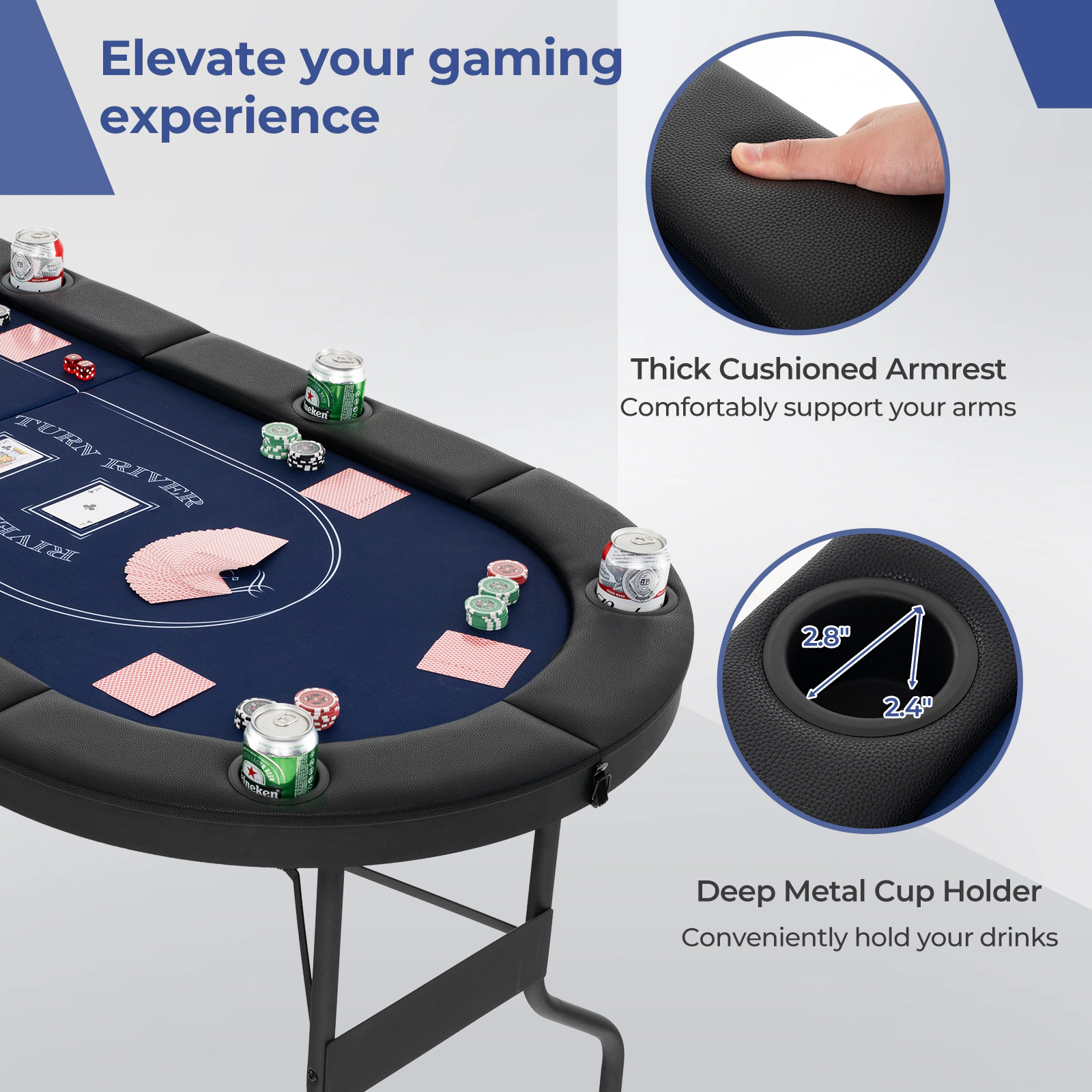 SUGIFT Blue 8-Player Oval Foldable Poker Table with Padded PU Leather Railings 72-in W 32.5-in D 29-in H