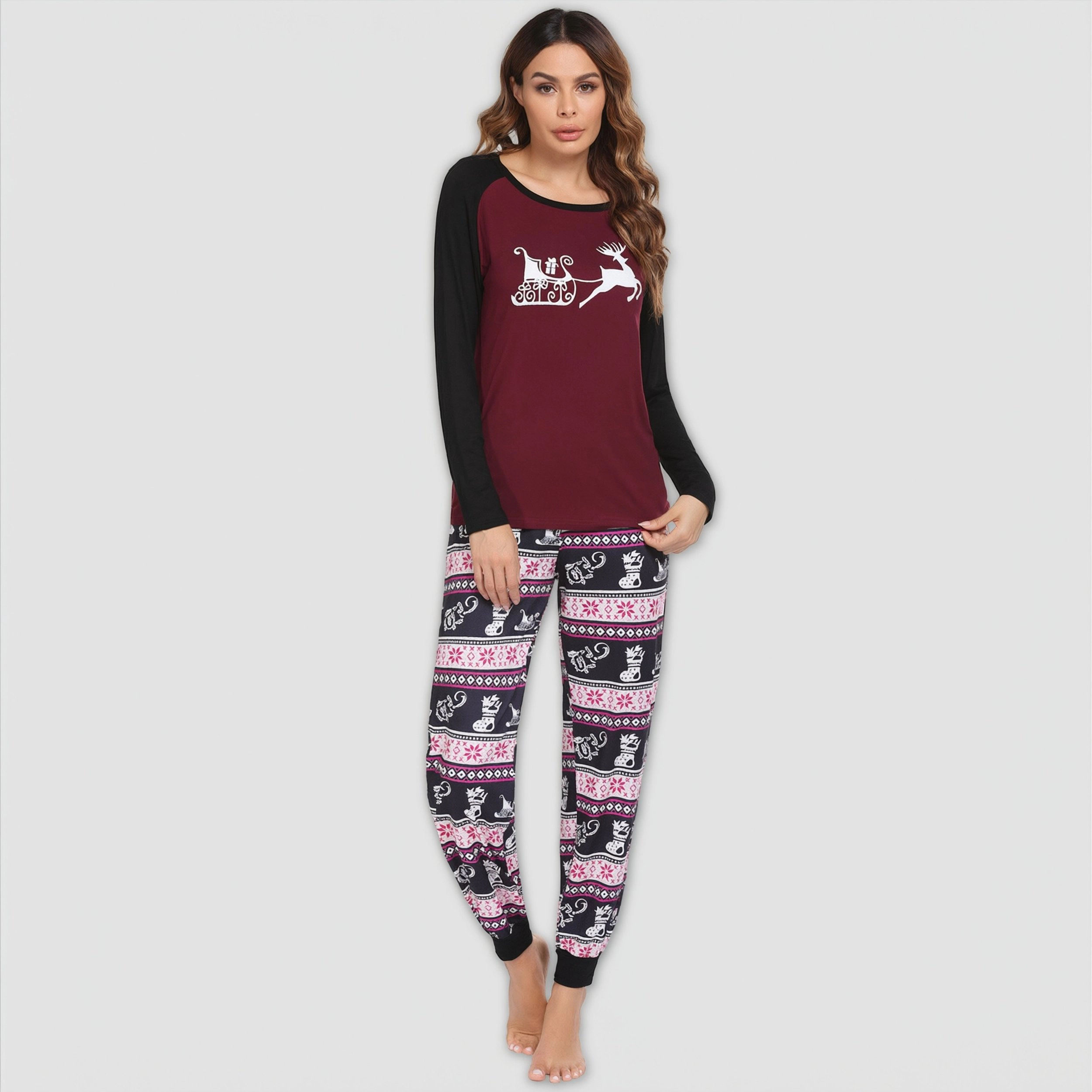 Ekouaer Women's Pajama Set Christmas Pjs Long Sleeve Print Tops and Pajamas Pants Soft Sleepwear