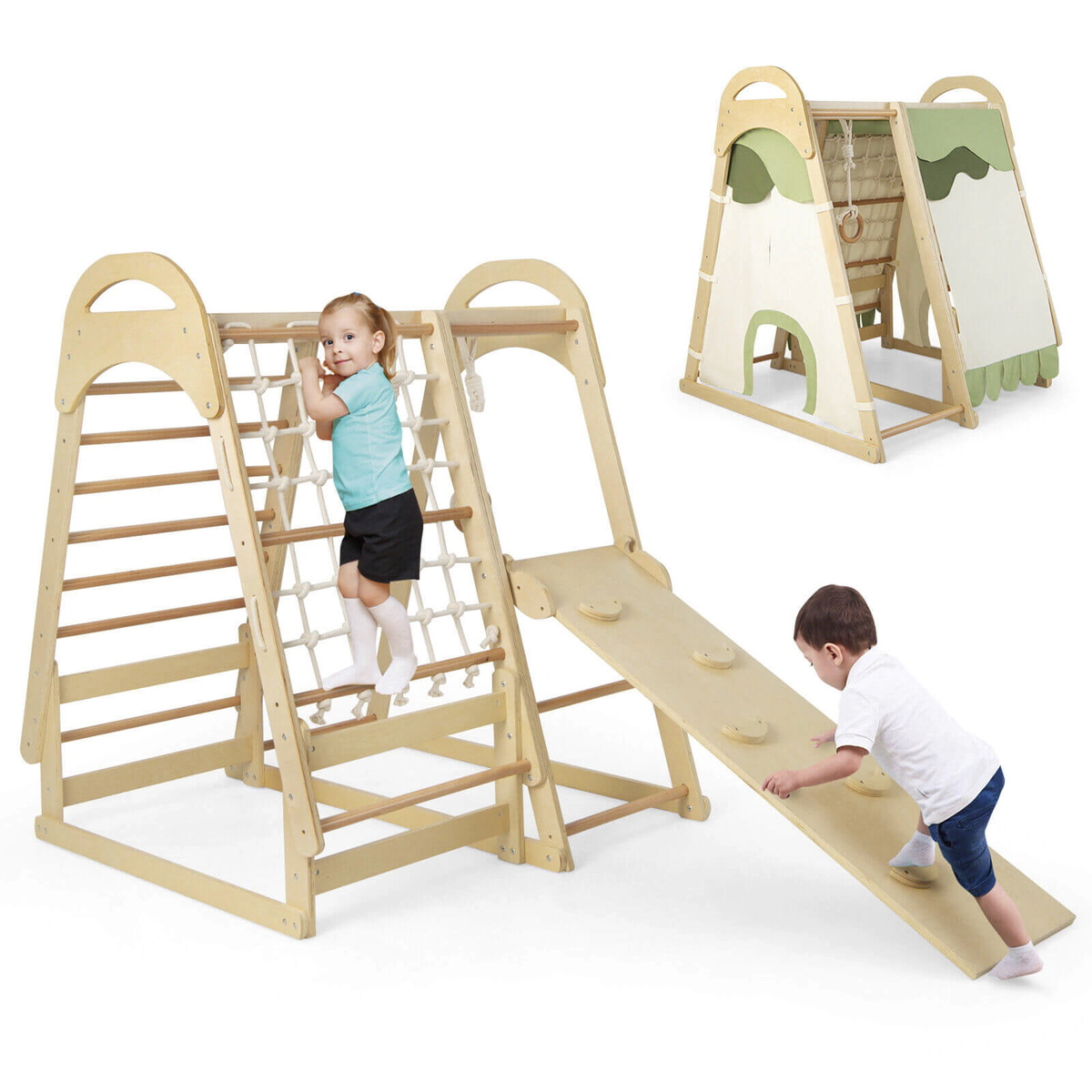 SUGIFT Natural Slide Climbing Net and Monkey Bars 6-in-1 Wooden Kids Jungle Gym Playset