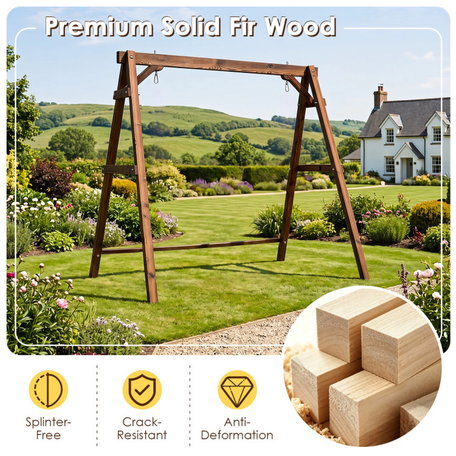 SUGIFT Heavy-Duty Fir Wood A-Frame Swing Stand with Reinforced Bars 880-lb Capacity with 2 Hanging Rings Brown