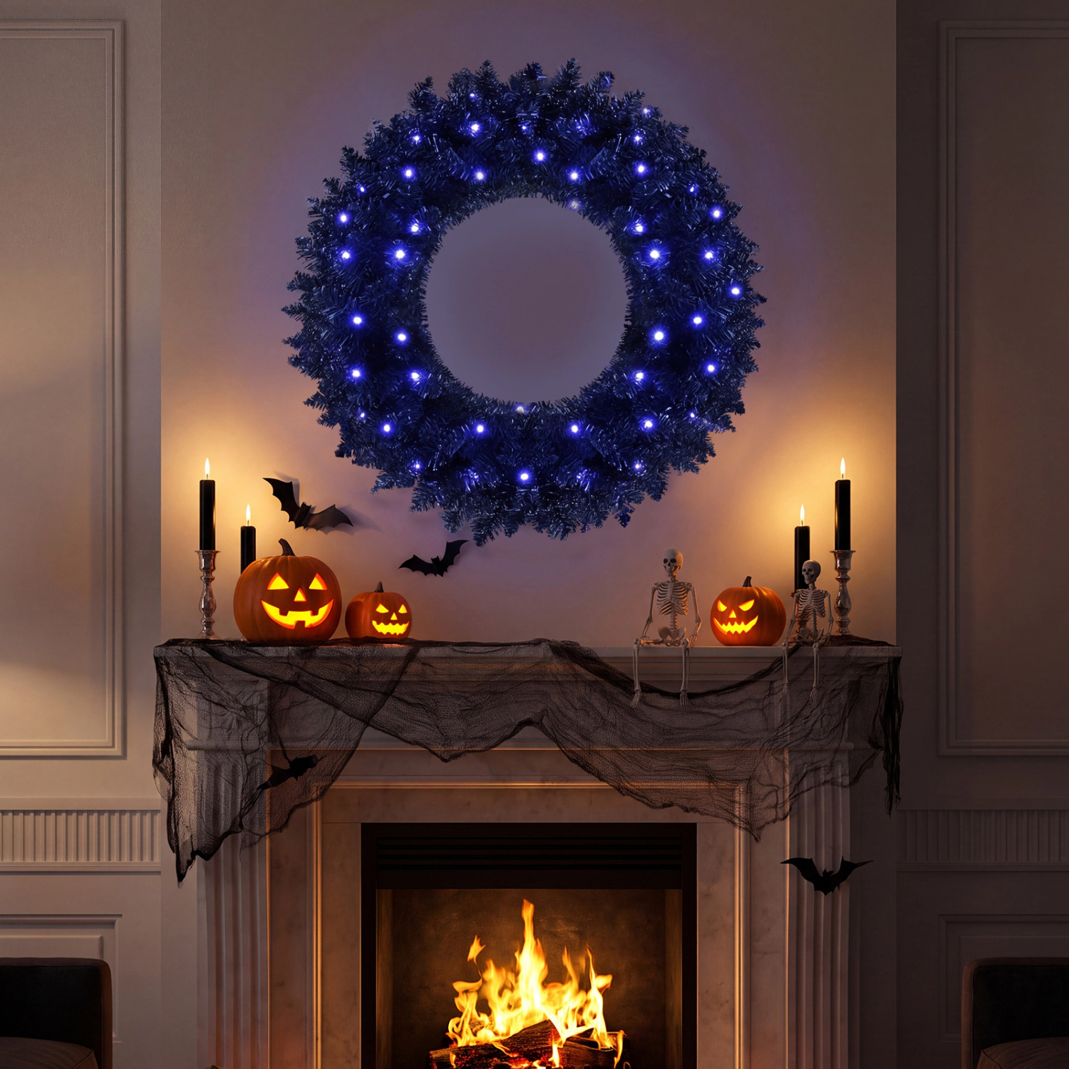 SUGIFT Set of 2 24-in Pre-Lit Halloween Christmas Wreaths with 35 Purple LED Lights and Timer 179 Branch Tips Black