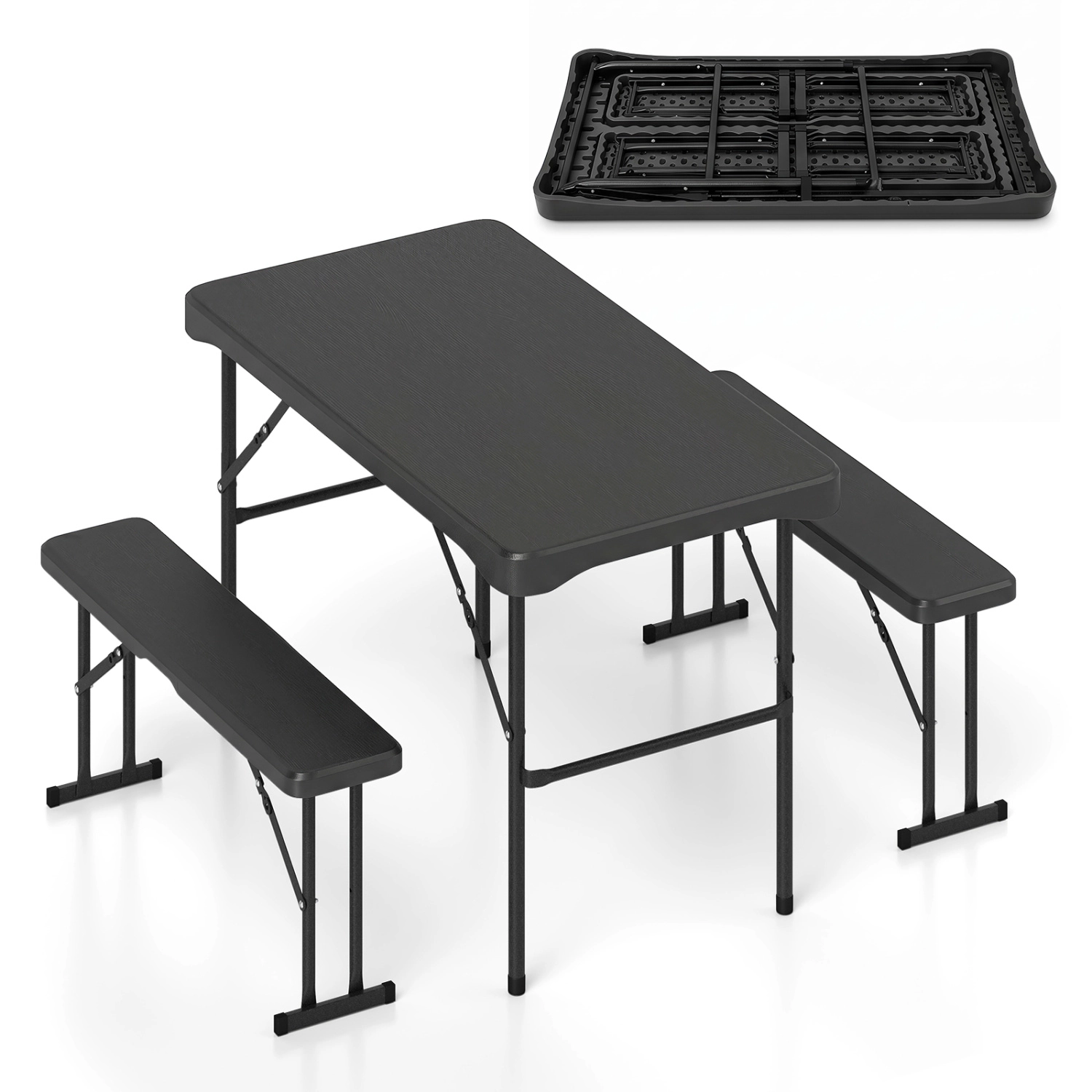 LJG Outdoor Folding Table Bench Set w All-Weather HDPE Tabletop and Sturdy Metal Frame