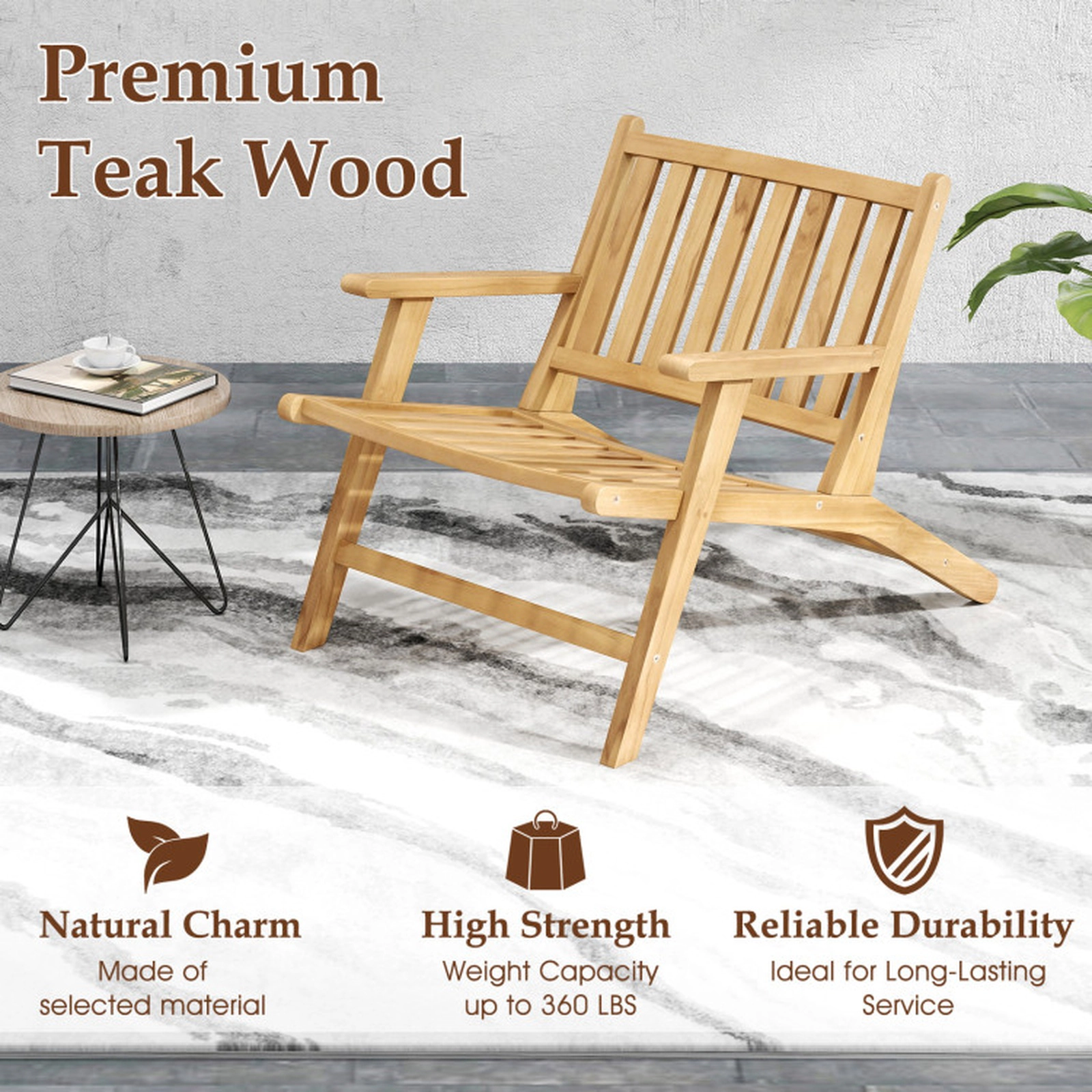 SUGIFT Natural Teak Wood Outdoor Reclining Chair, Angled Backrest, Wide Armrests, 352 lb Capacity