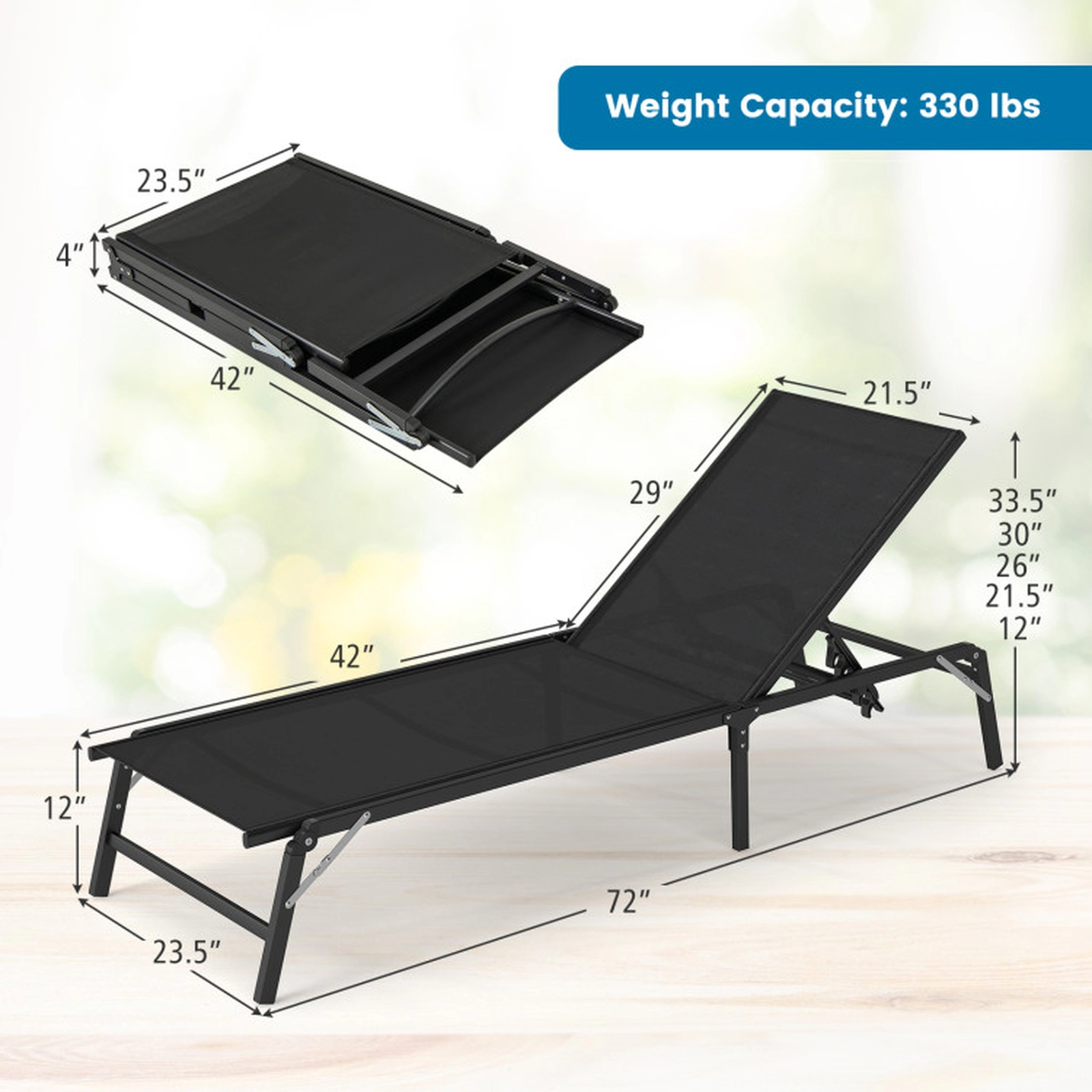 SUGIFT Black 5-Position Backrest 42 in Seat Depth Set of 2 Foldable Patio Chaise Lounge Chairs