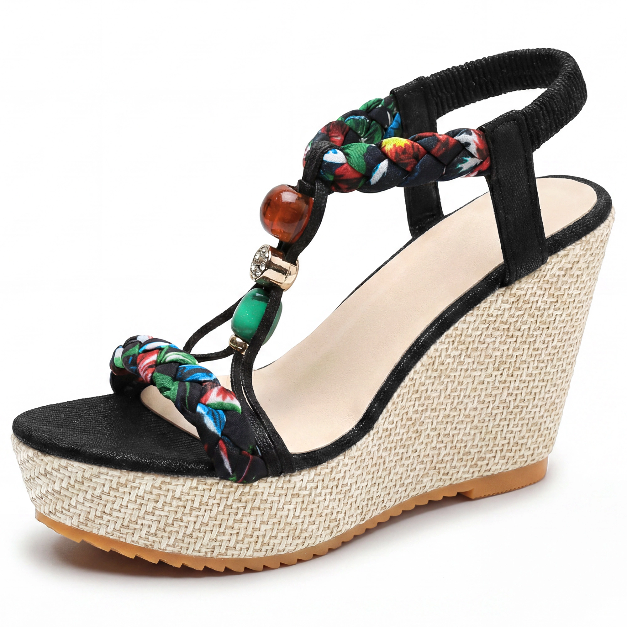 BLISSFUL STEP Women's Beaded Elastic T-Strap Platform Peep-Toe Sandals