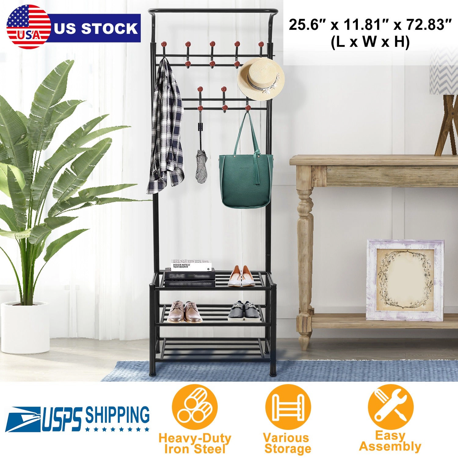 NEW Home Unisex Metal 3-Tier Entryway Hall Tree