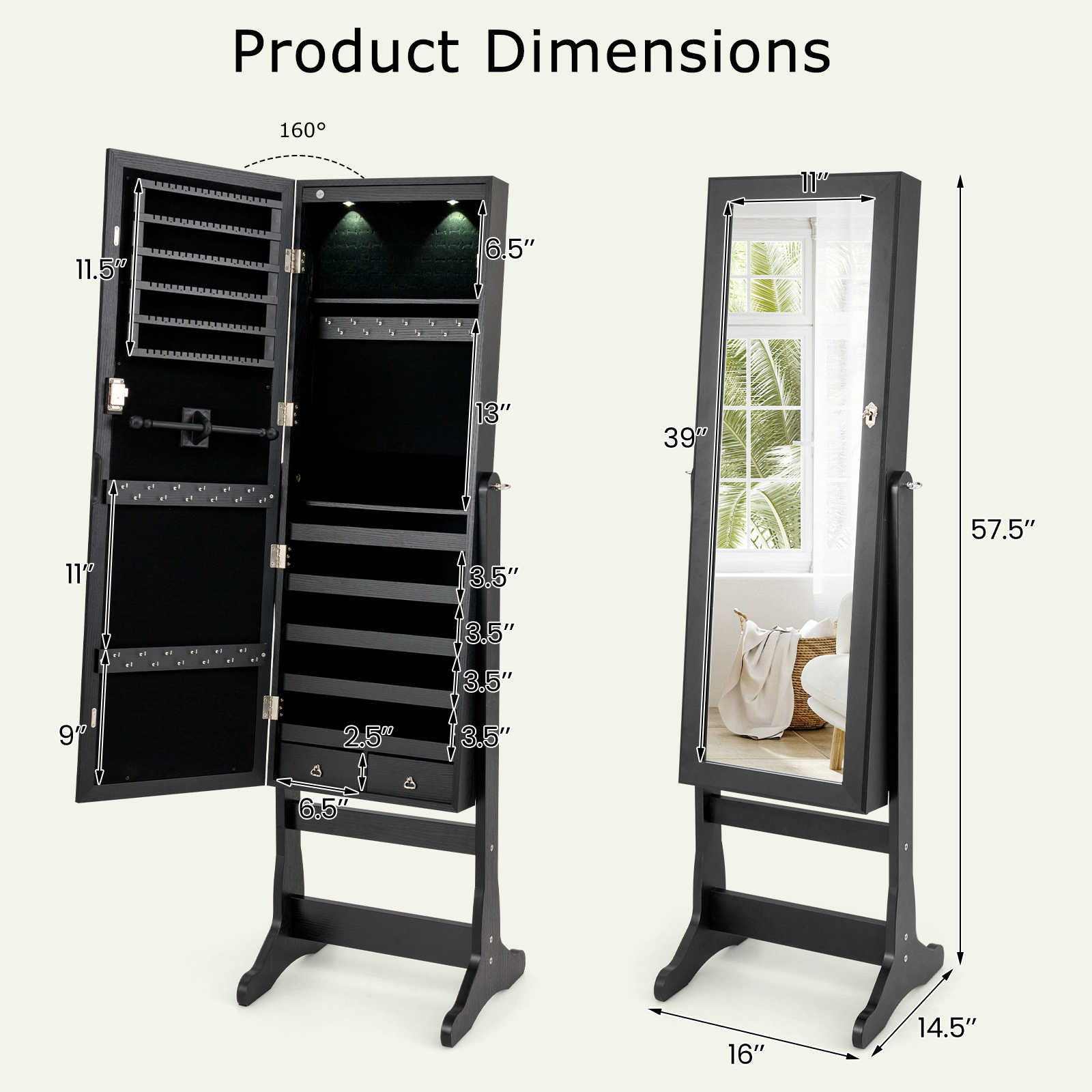 SUGIFT Black Lockable Freestanding Jewelry Cabinet Armoire with Full-Length Mirror LED Lights and Anti-Tip Strap