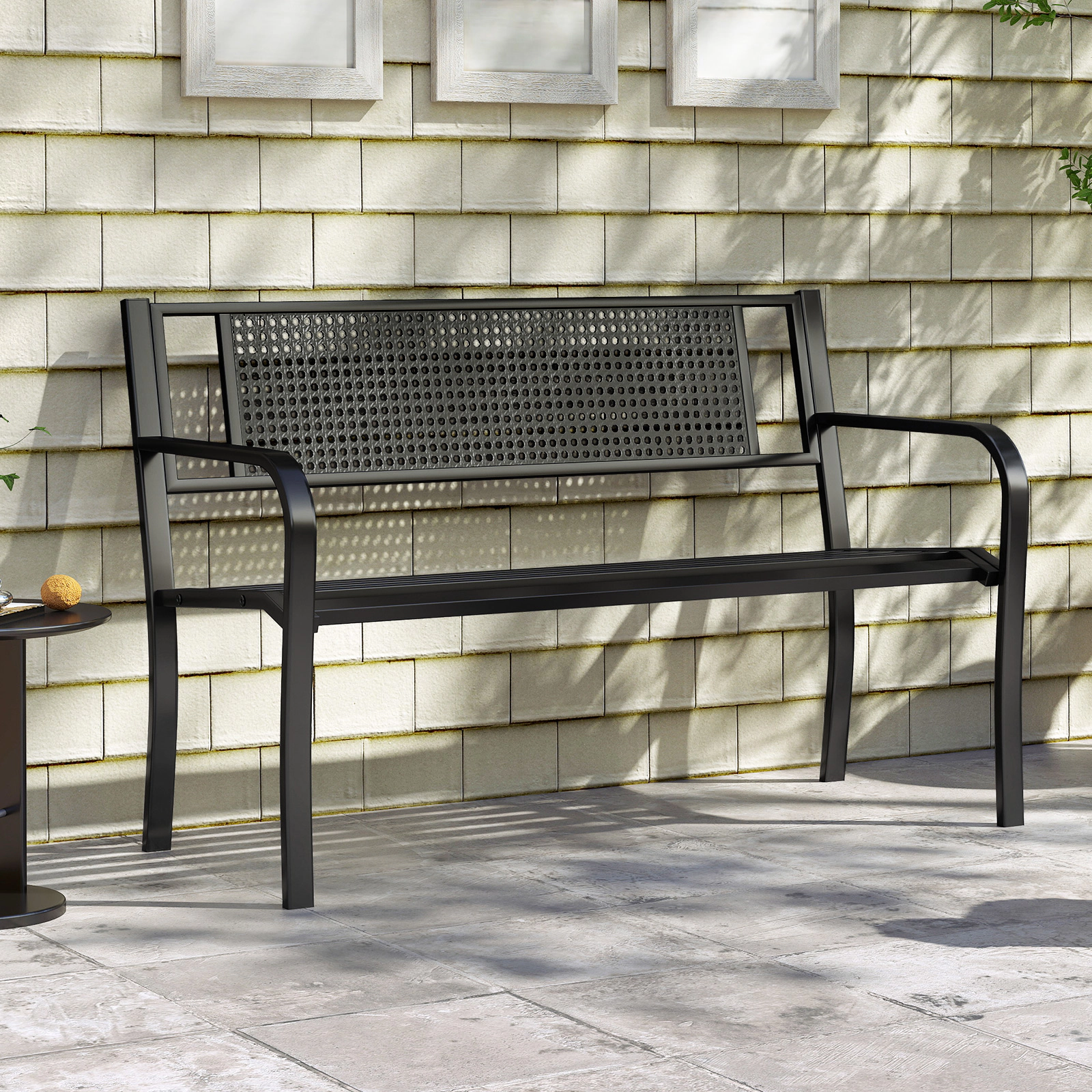 SUGIFT 50-Inch Black Metal Outdoor Garden Bench with Patterned Back and Curved Armrests