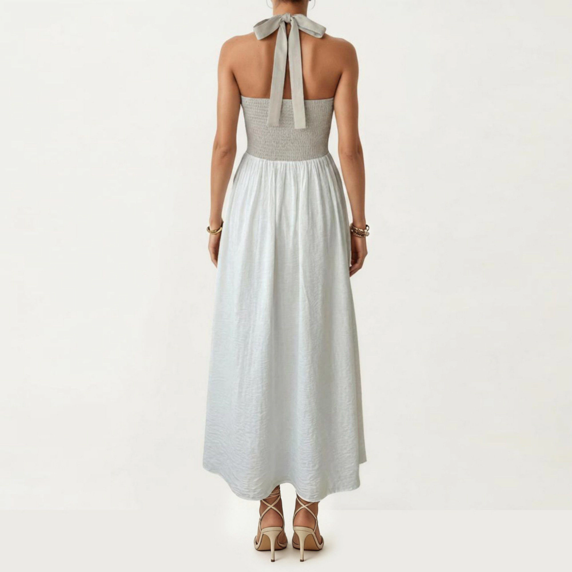 Anna-Kaci Women's Color Block Halter Neck Smocked Back Maxi Dress