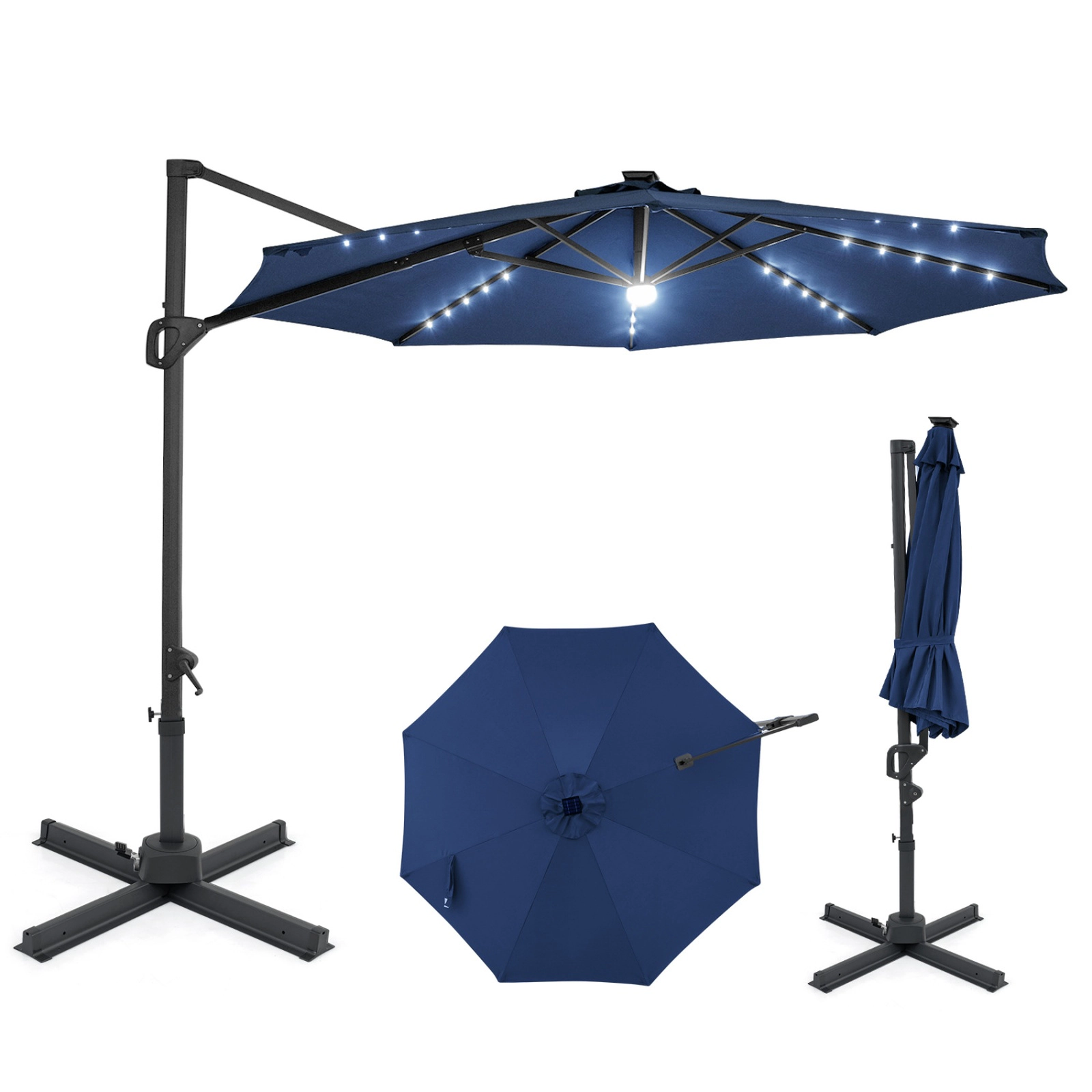 SUGIFT 10 ft Navy Blue Cantilever Patio Umbrella, 6-Level Tilt, 360-Degree Rotation, Solar LED Lights
