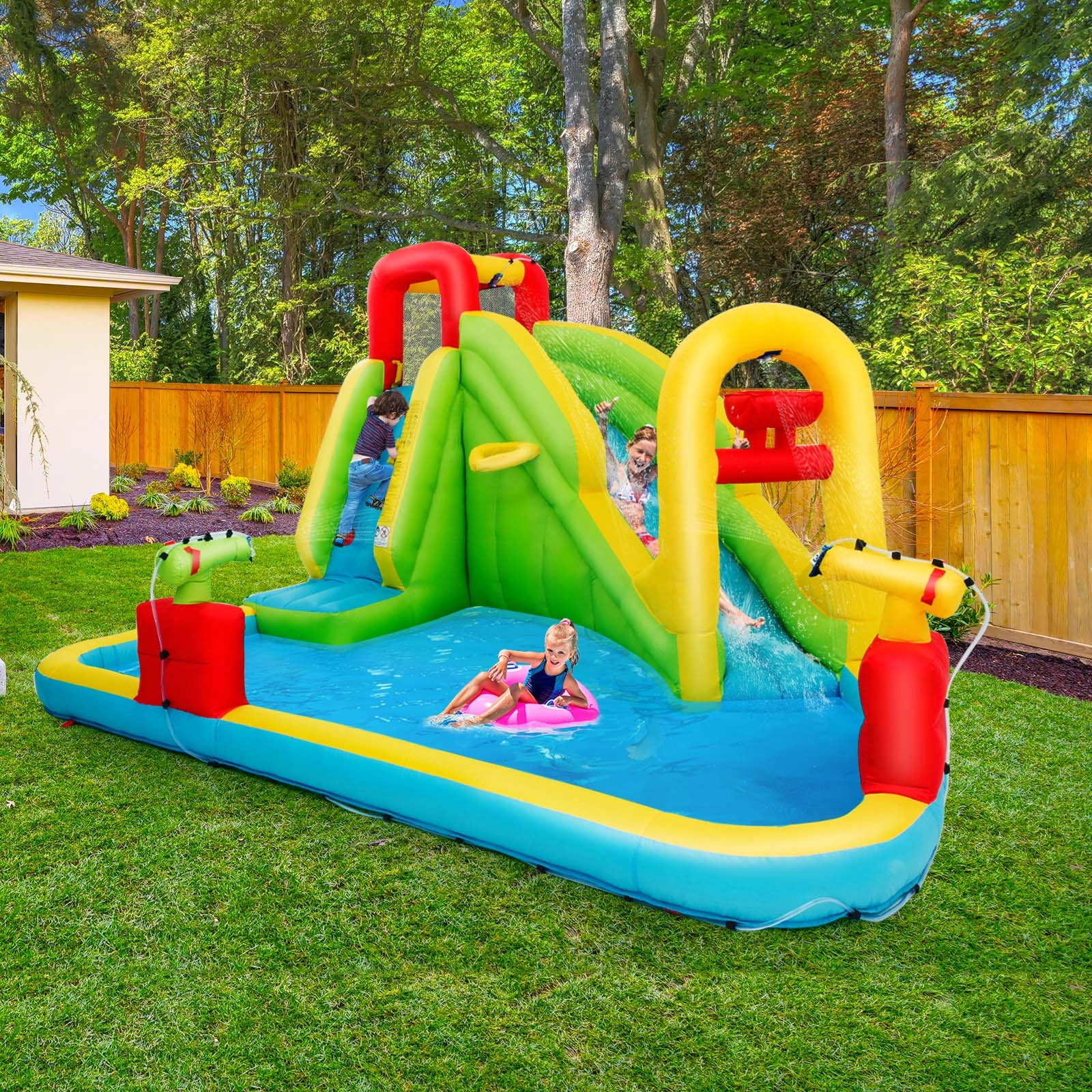 SUGIFT 6-in-1 Inflatable Water Slide Park with Splash Pool and Dual Water Cannons 200-lb Capacity Ages 3-12 Multi-color