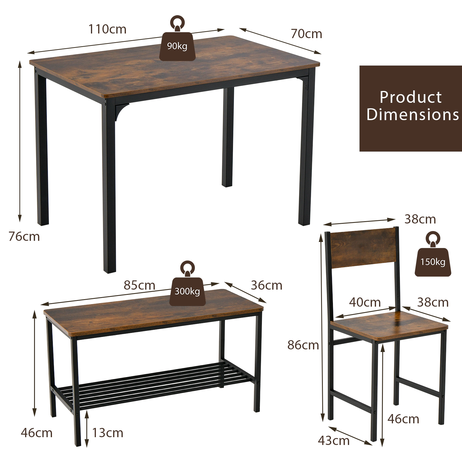 SUGIFT Rustic Brown 2 Chairs Storage Bench and Steel Frame 4-Piece Rustic Dining Table Set