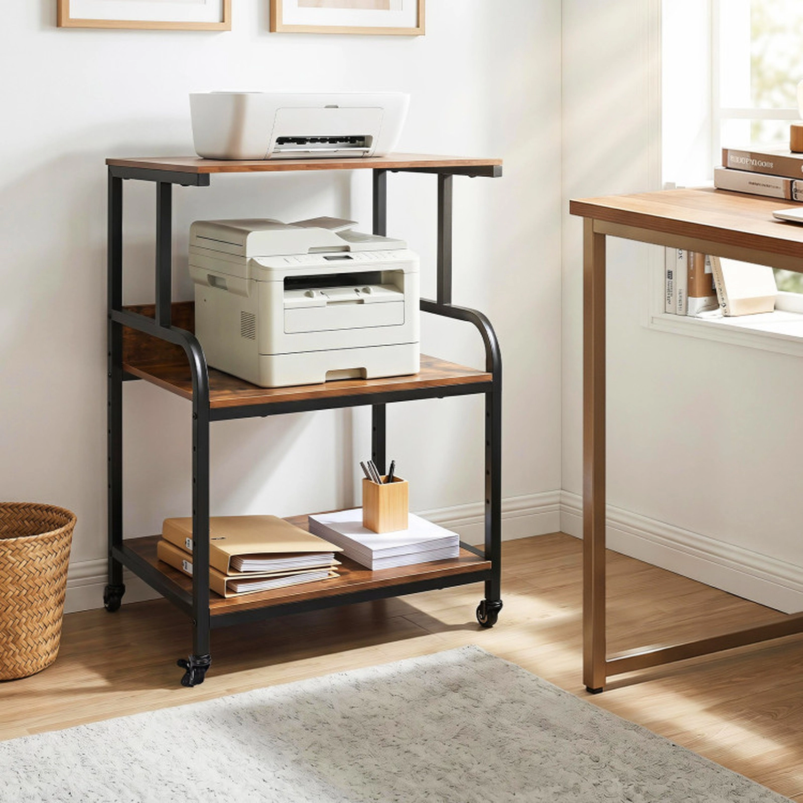 SUGIFT 3-Tier Rolling Printer Stand 5-Height Adjustable Shelf Lockable Wheels 44-lb per Shelf Capacity Rustic Brown