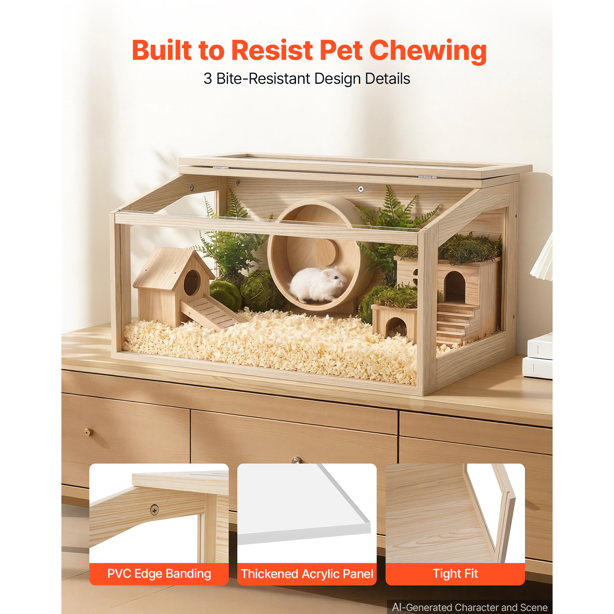 HONGGE Wooden Hamster Cage with 270° Acrylic View Panel, 31.9 x 16.1 x 16.1 in, for Hamsters, Guinea Pigs & Gerbils