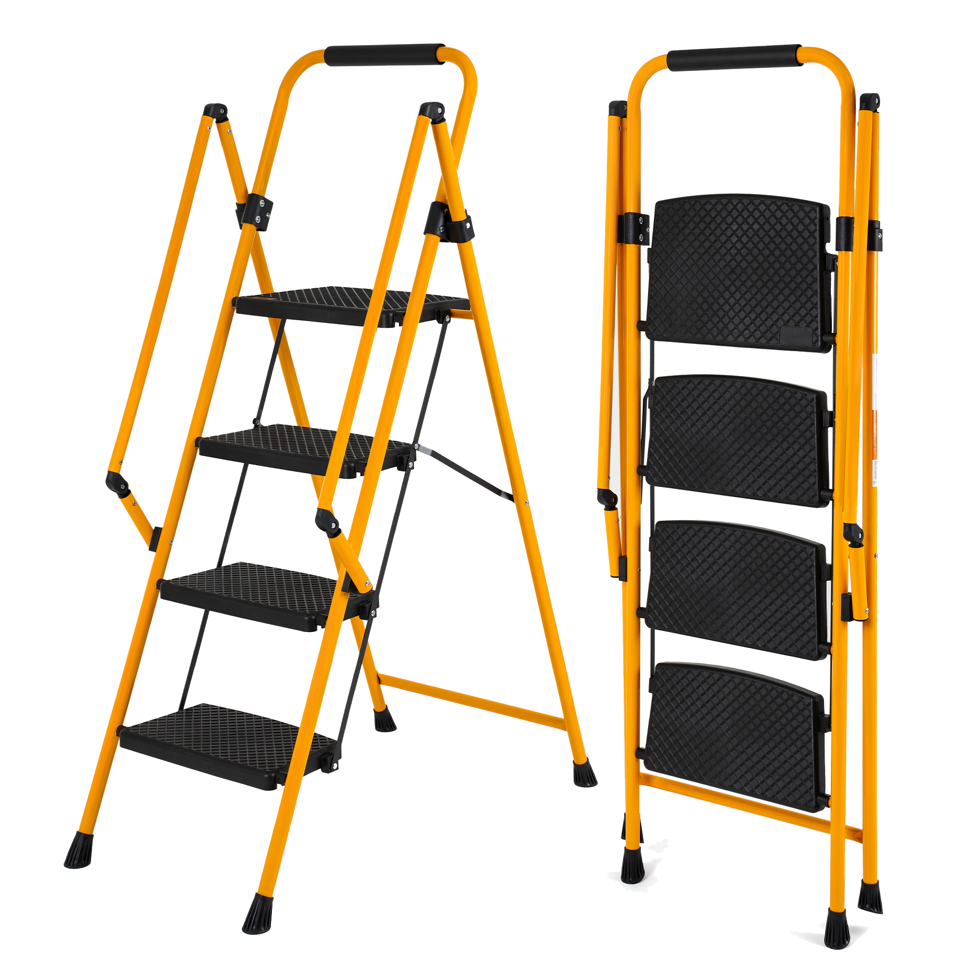 Flynama 4 Step Ladder - 500lb Capacity Steel Foldable Step Stool (Yellow)