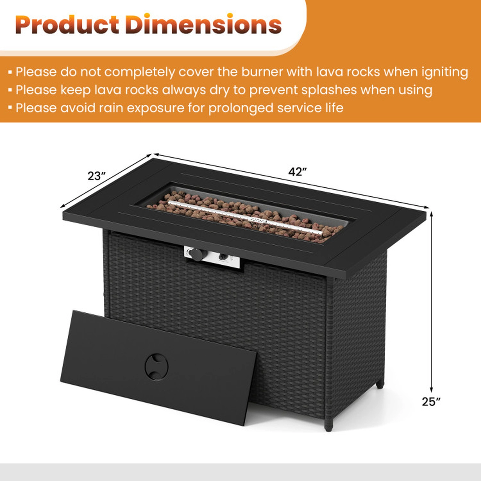 SUGIFT 44.5-in Propane Fire Pit Table, 50,000 BTU Stainless Steel Burner, Rattan Finish