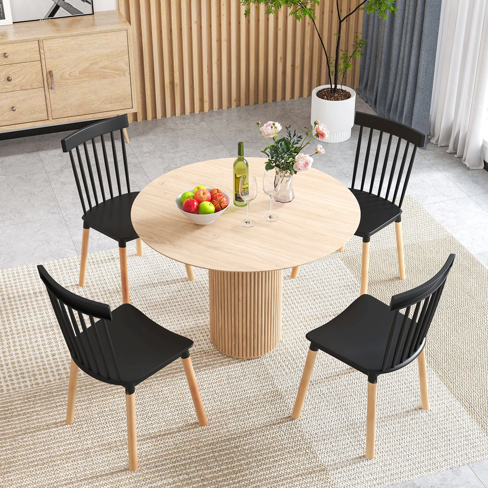 SlickBlue Set of 4 Windsor Chairs with Curved Seat, Spindle Back, Beech Wood Legs