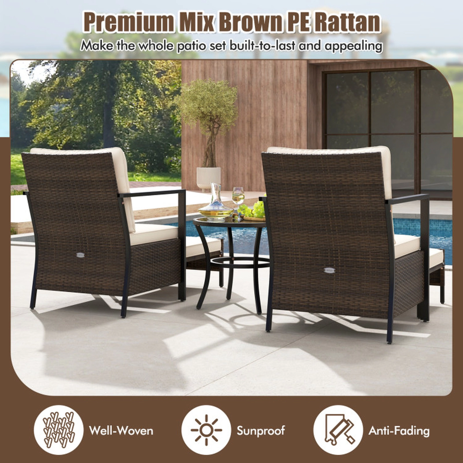 SUGIFT 4-Piece Mix Brown PE Rattan Patio Set with Ottomans and Glass Table