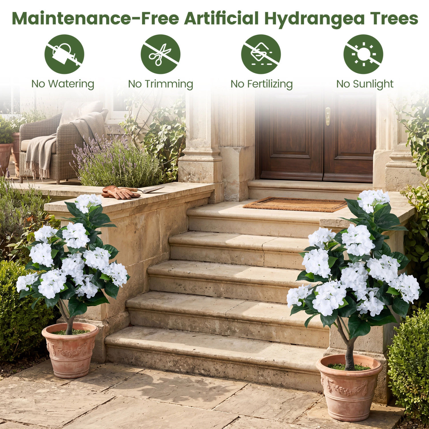 SlickBlue Set of 2 Artificial Hydrangea Trees with Flowers in Pots for Indoor and Outdoor