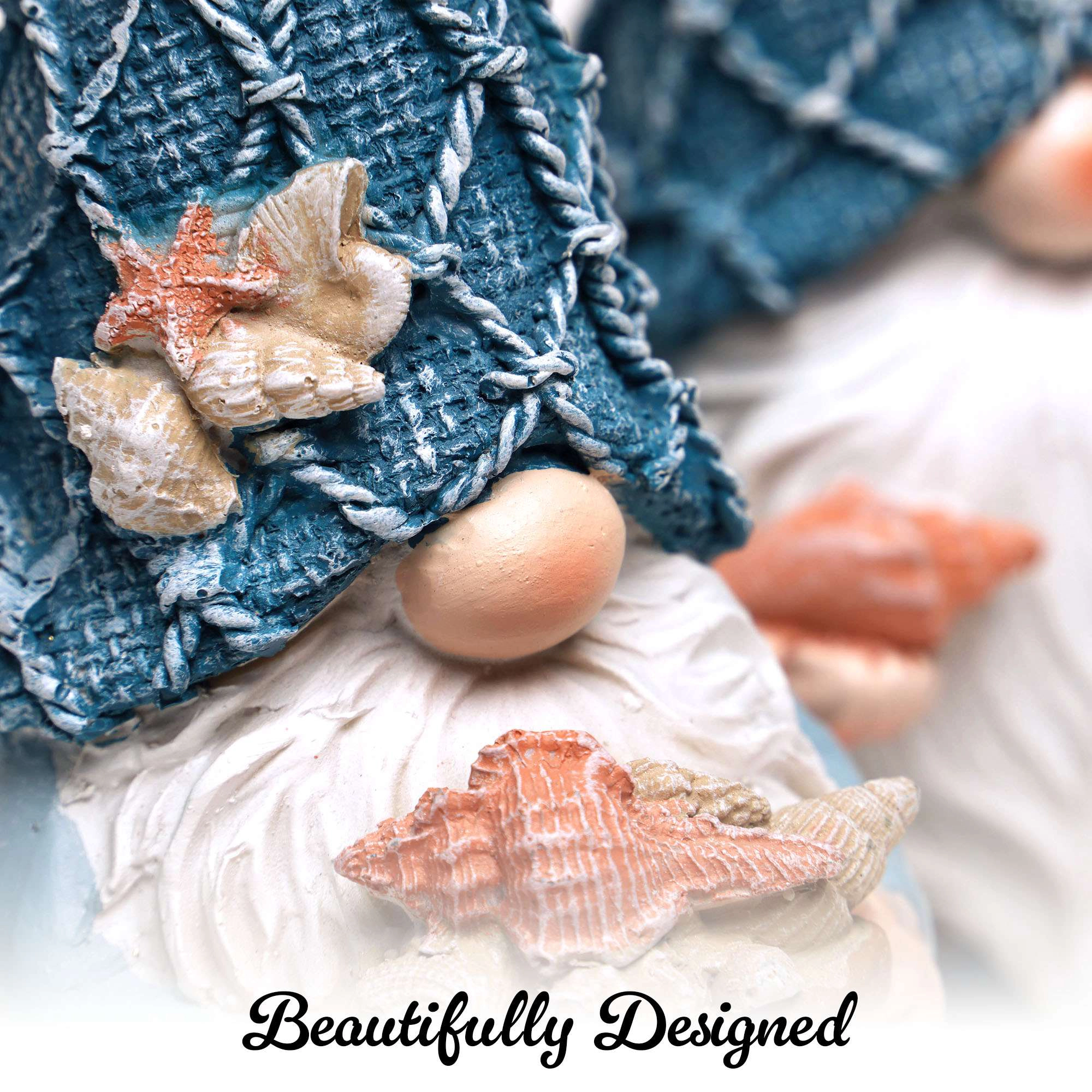 G128 Coastal Gnome Statue Set of 2 - 7 in Beach-Themed Resin Gnome Figurines for Home and Garden