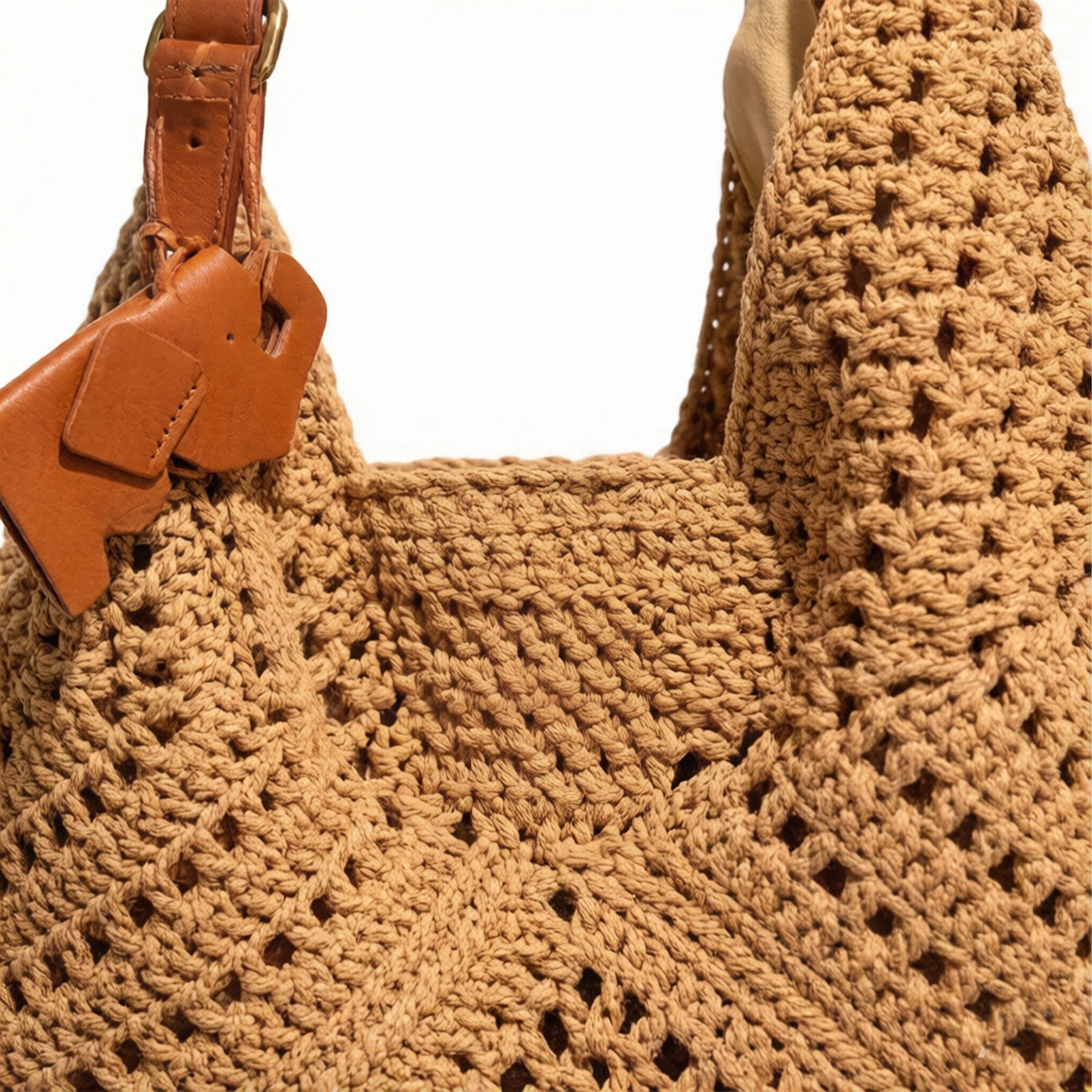 Alilang Women's Woven Crochet Shoulder Bag with Leather Strap Slouchy Hobo Handbag Lightweight Knit Tote