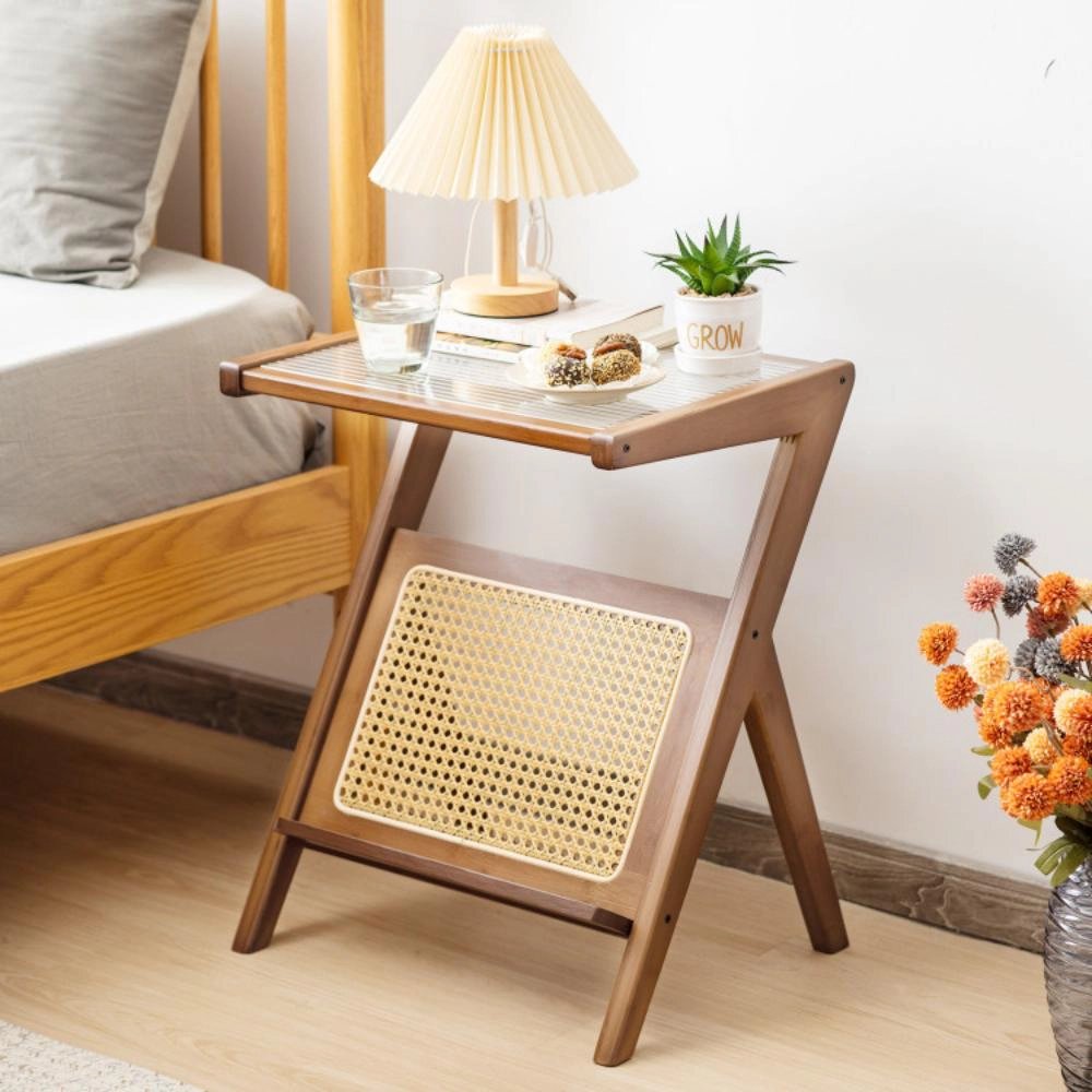 Hivvago Rattan-Style End Table with Magazine Storage and Glass Top