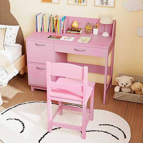 SUGIFT Pink 4 Book Sorters and Drawer Wooden Kids Study Desk and Chair Set