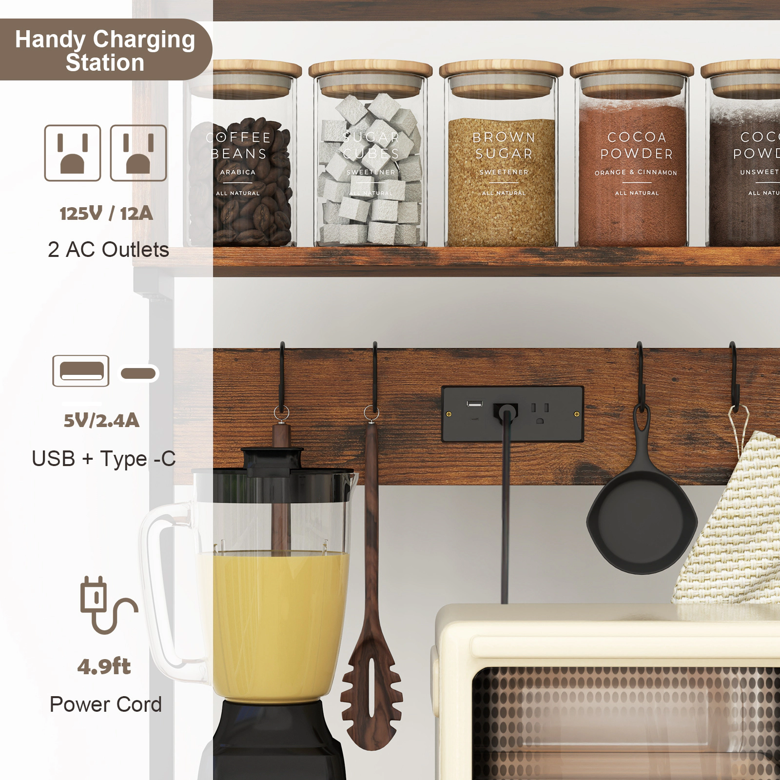 SUGIFT 60-in Tall Rustic Brown Microwave Stand with Power Strip 4 Open Shelves and 10 Hooks for Coffee Bar