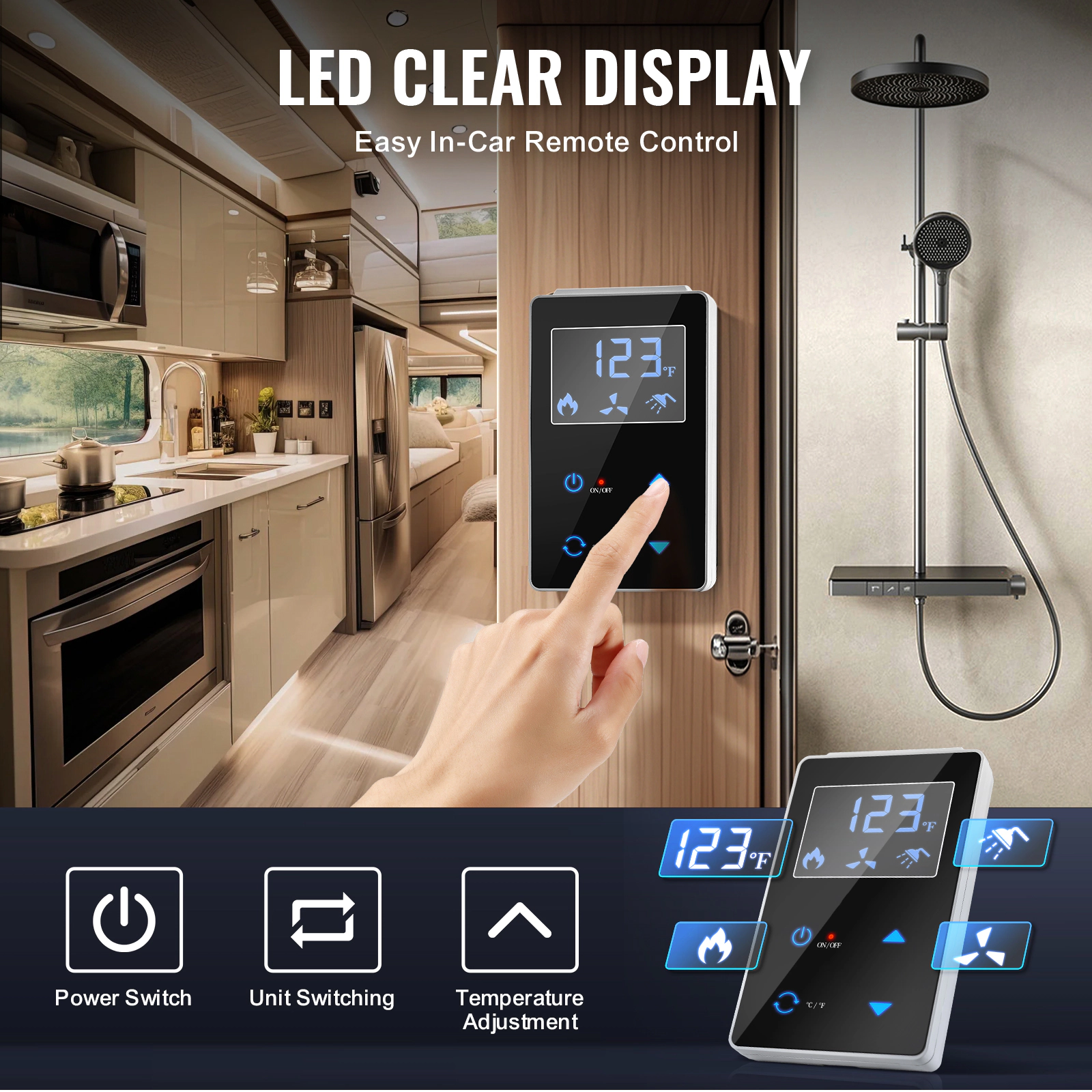 HONGGE RV Tankless Water Heater Instant Shower with 15 x inches Door and Remote Controller Optimized Comfort