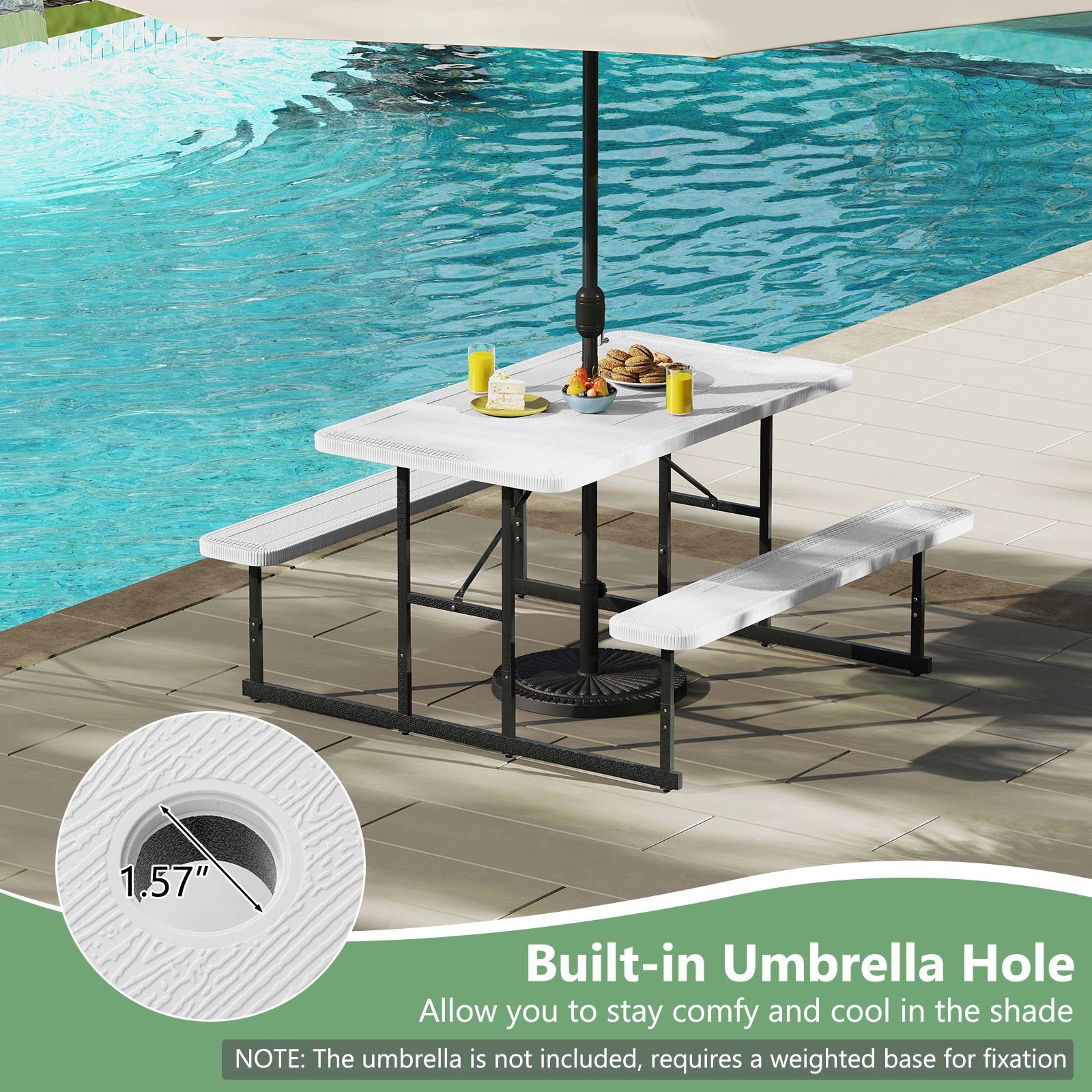 SUGIFT Picnic Table Bench Set White HDPE Rectangular Camping Dining Table for 2-4 People