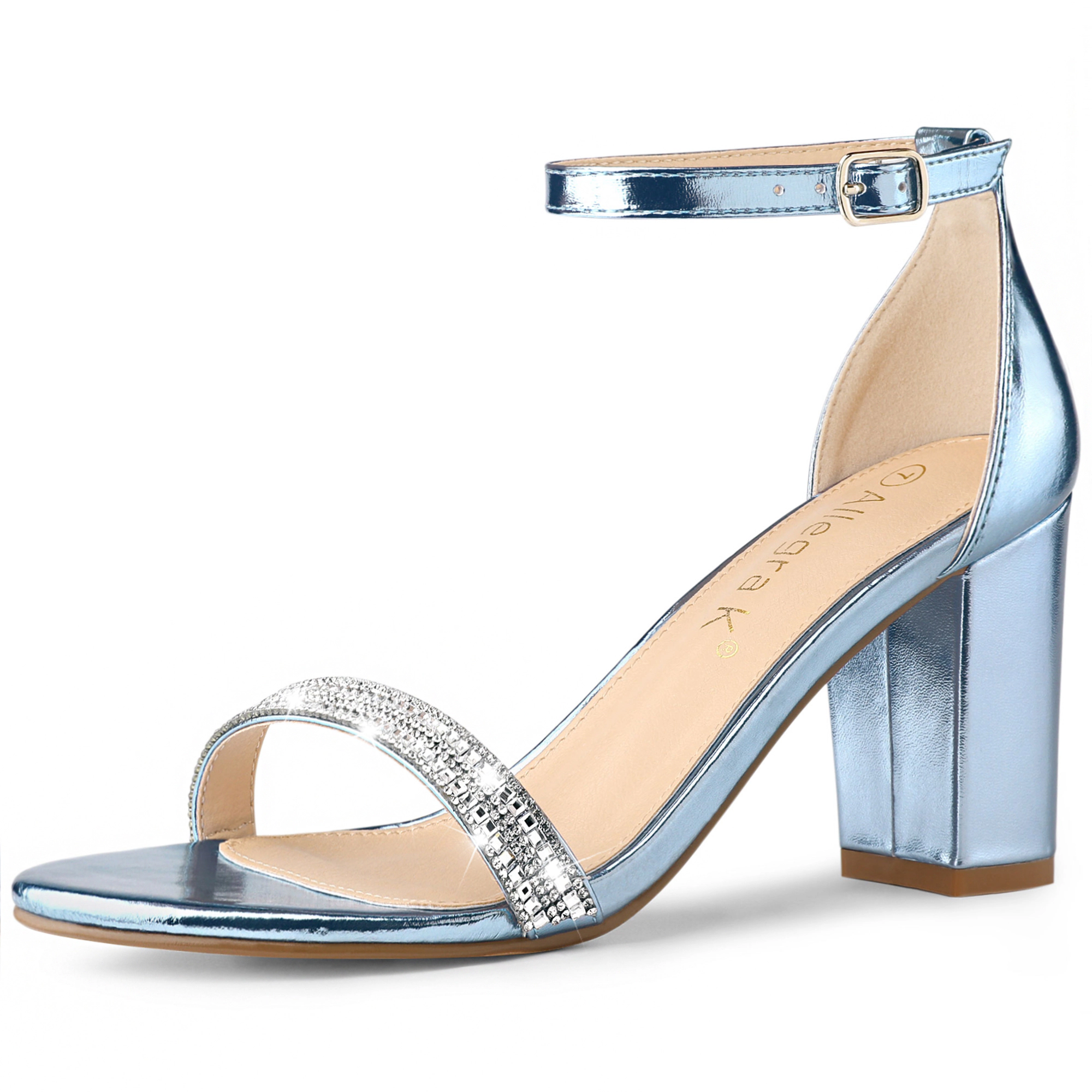 BLISSFUL STEP Women's Rhinestone Ankle Strap Chunky Block Heel Sandals