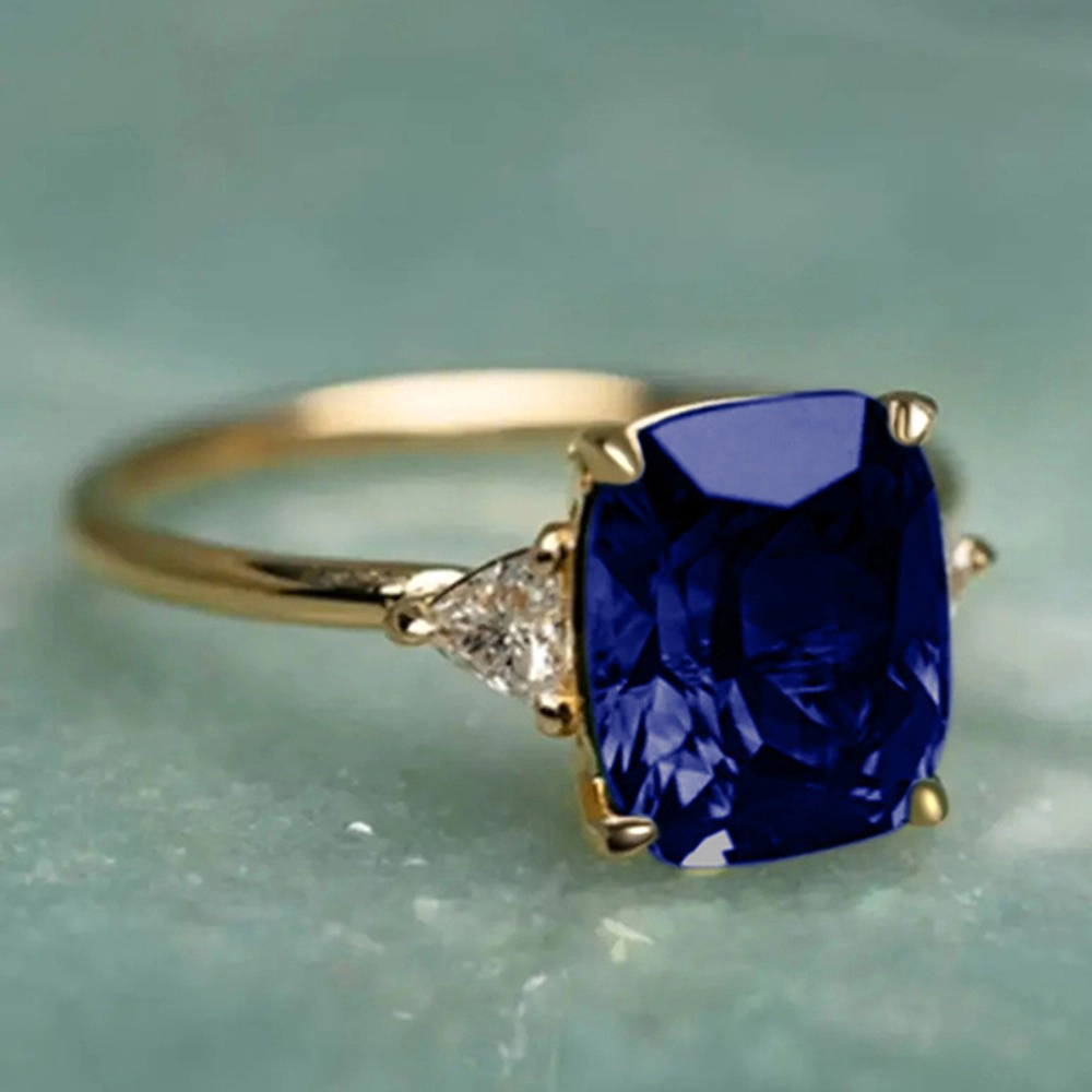 Cushion Cut Multi‑Color Cubic Zirconia Three‑Stone Ring Gold‑Tone Solitaire Engagement