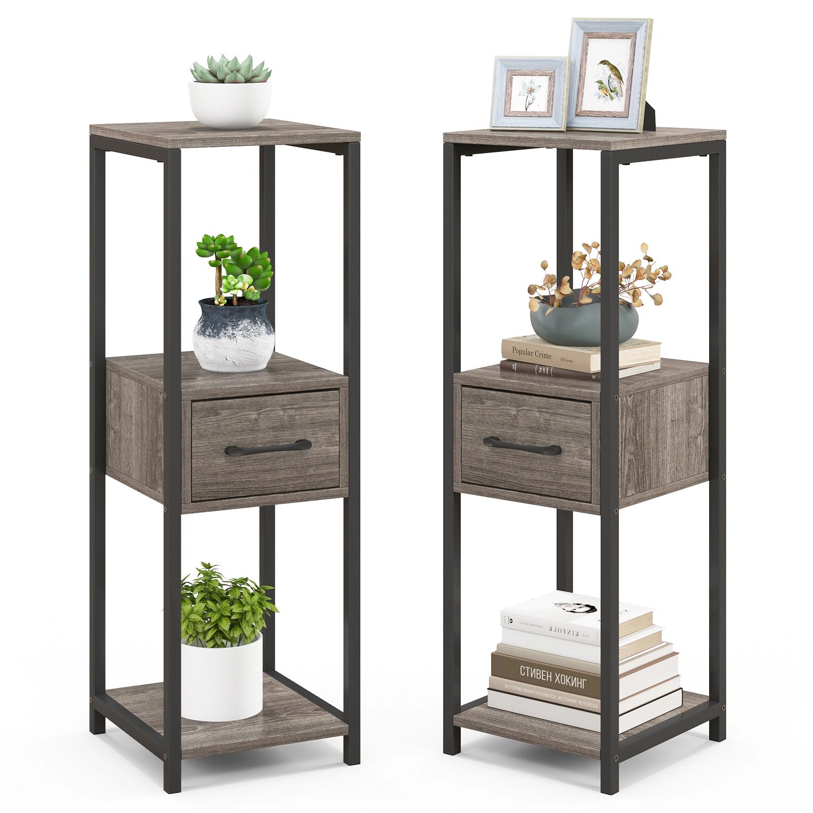 Slickblue 2 Pack Tall Metal Plant Stand with Drawer Indoor Outdoor Display Rack