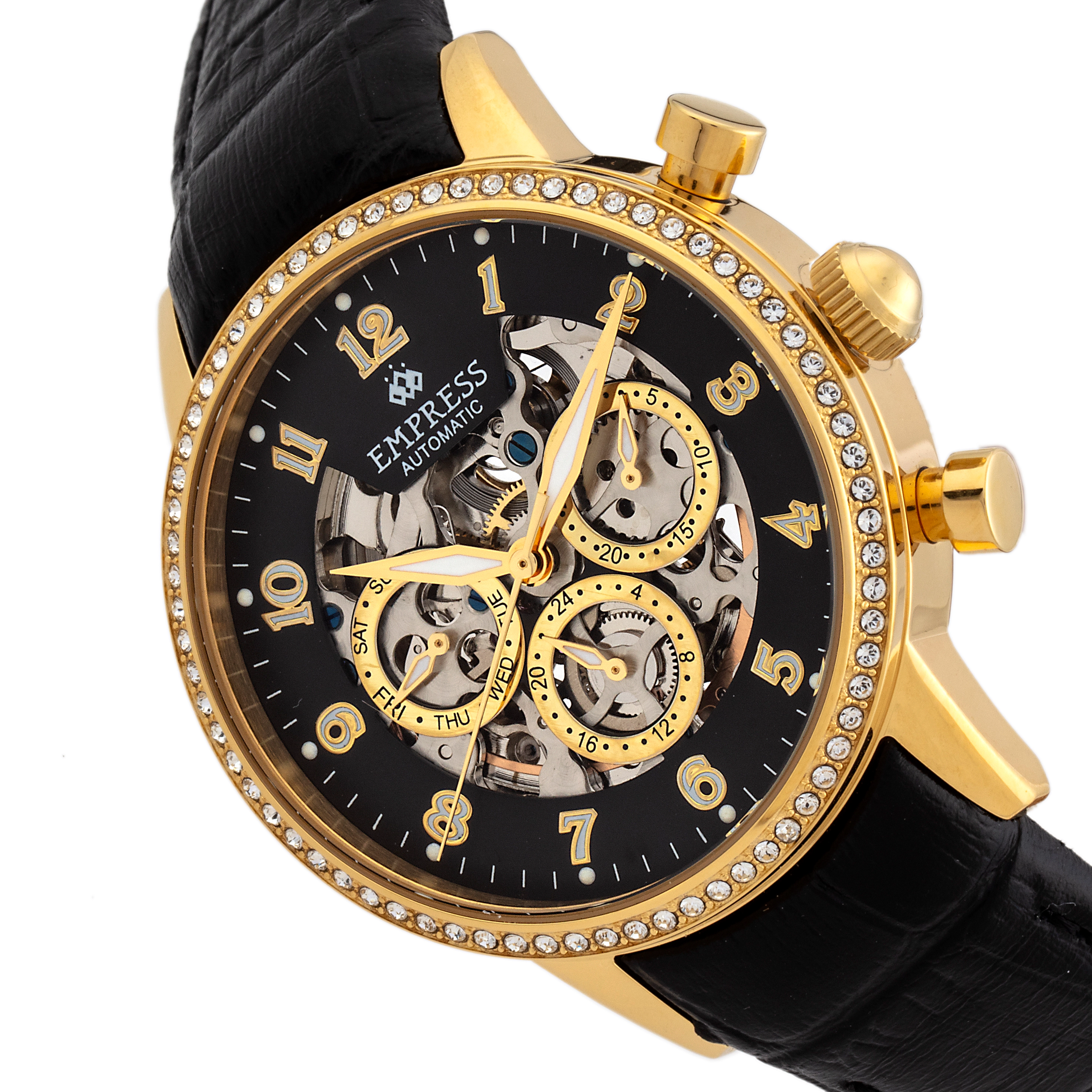 Empress Beatrice Automatic Skeleton Dial Leather-Band Watch w/Day/Date