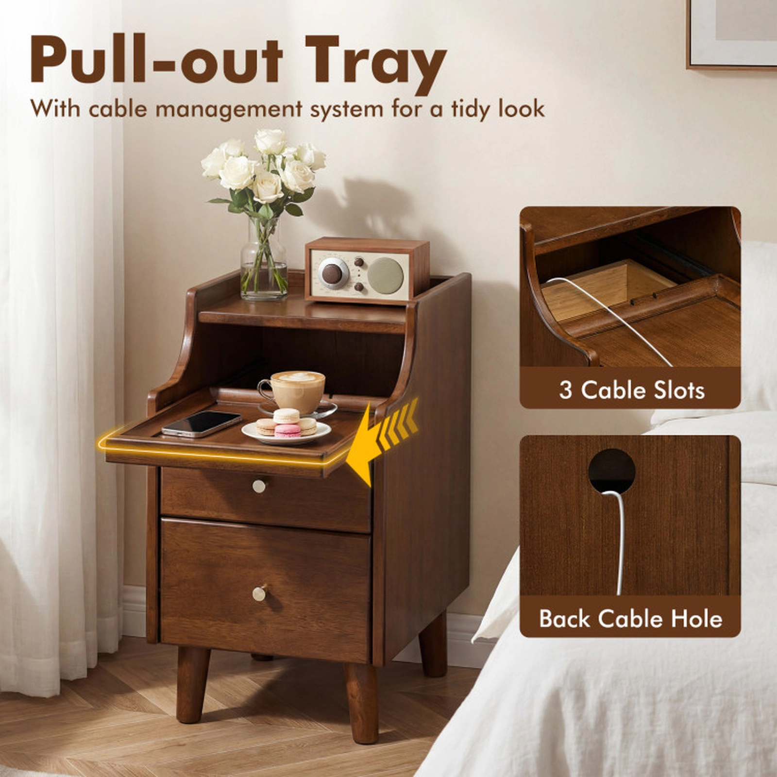 SUGIFT Wood Nightstand with Drawers and Solid Wood Legs 55-lb Top Capacity 11-lb Drawer Capacity 20-in Tall Brown