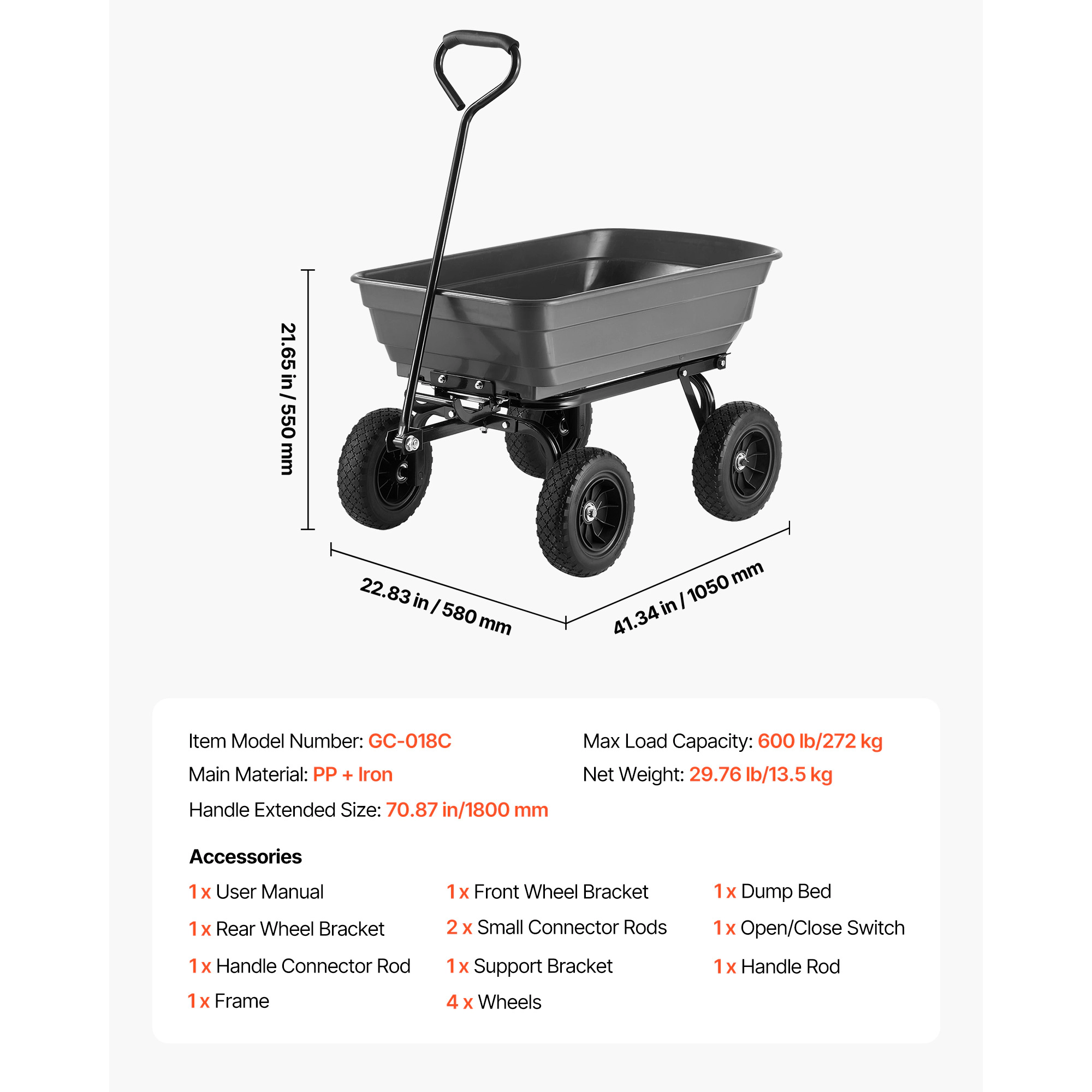 HONGGE Garden Dump Cart Poly Dump Cart Garden Carts Dumps Wagon with 90° Quick-Dumps Mechanism 180° Swivel Wheels 270°