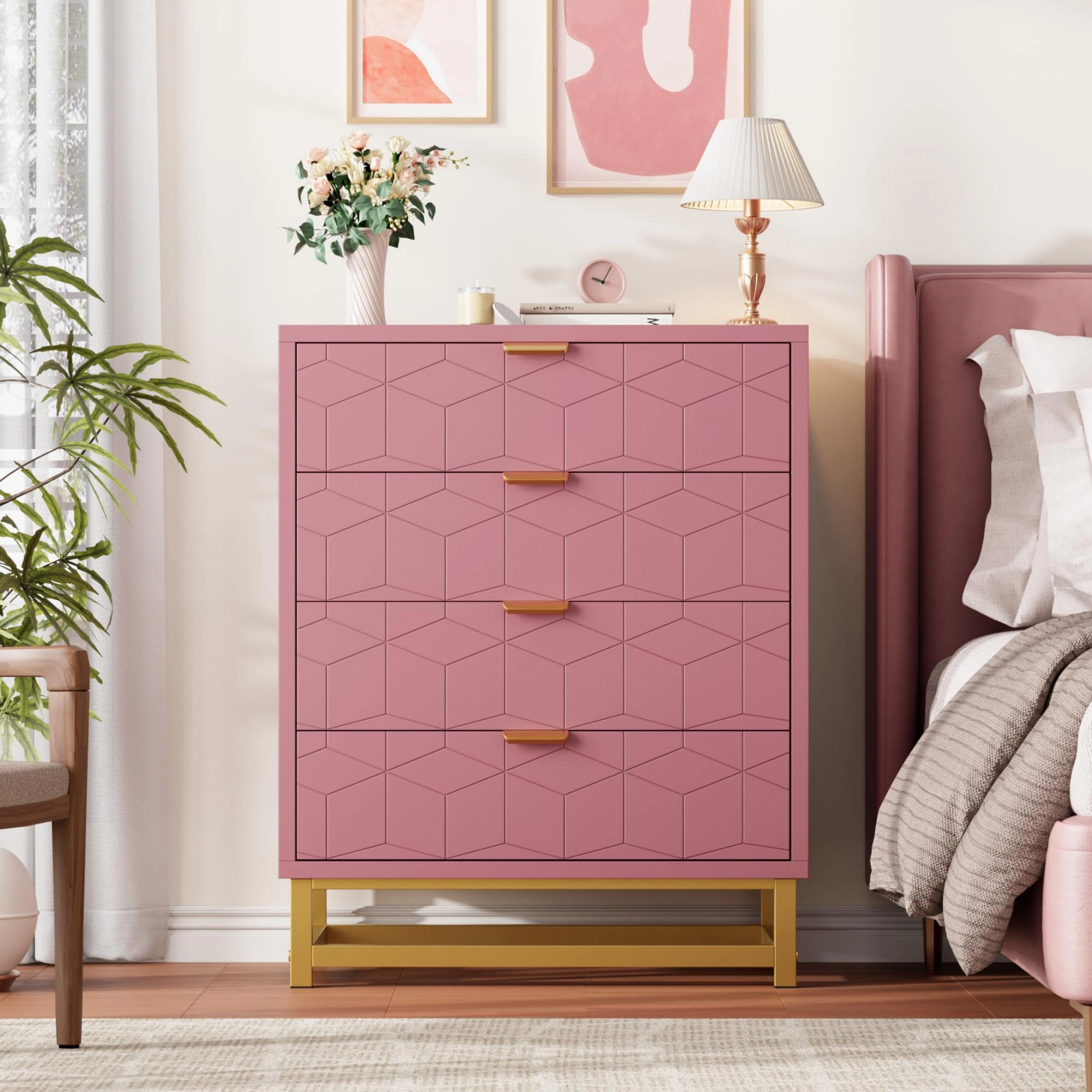 Modern 4 Drawer Dresser with Gold Metal Handles, Storage Cabinet for Bedroom Living Room Hallway