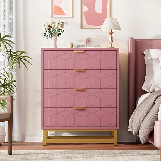 Modern 4 Drawer Dresser with Gold Metal Handles, Storage Cabinet for Bedroom Living Room Hallway