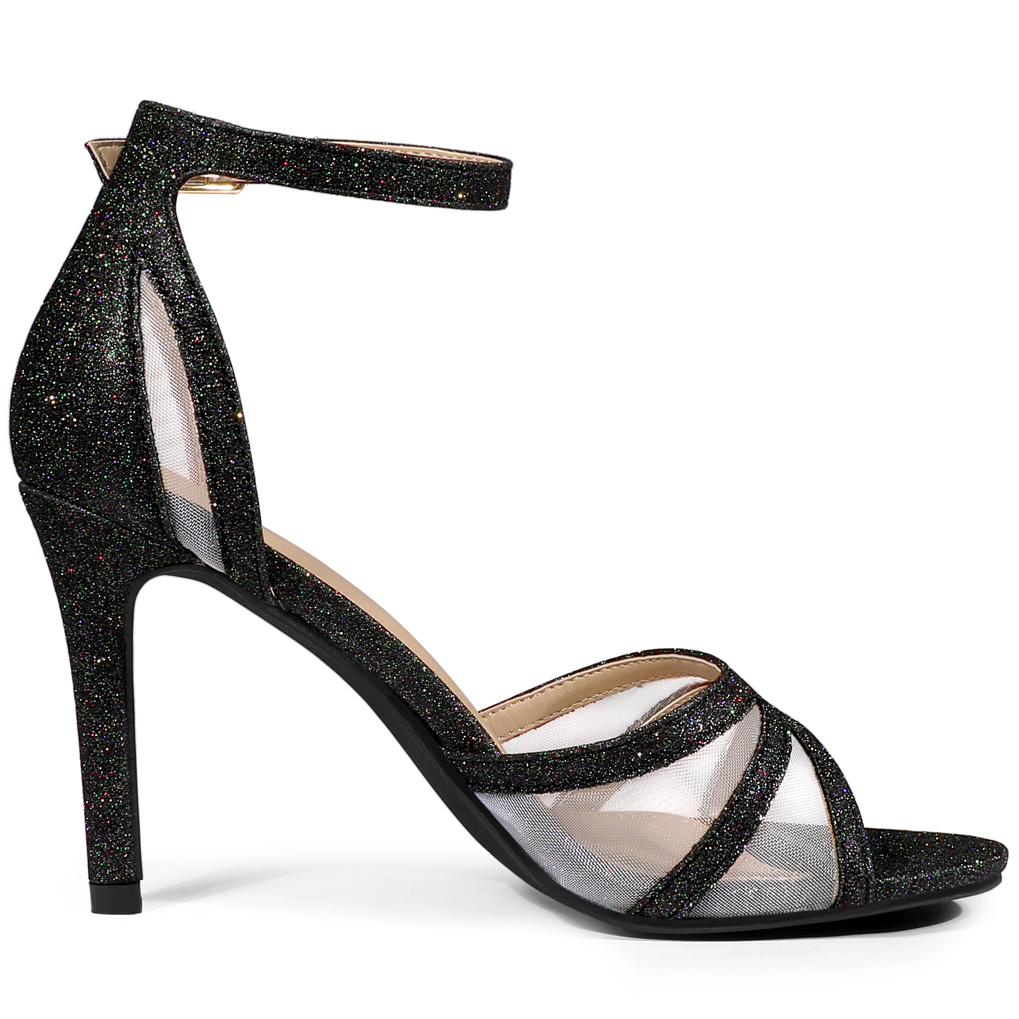 BLISSFUL STEP Women's See Through Glitter Ankle Strap Stiletto Heels Sandals