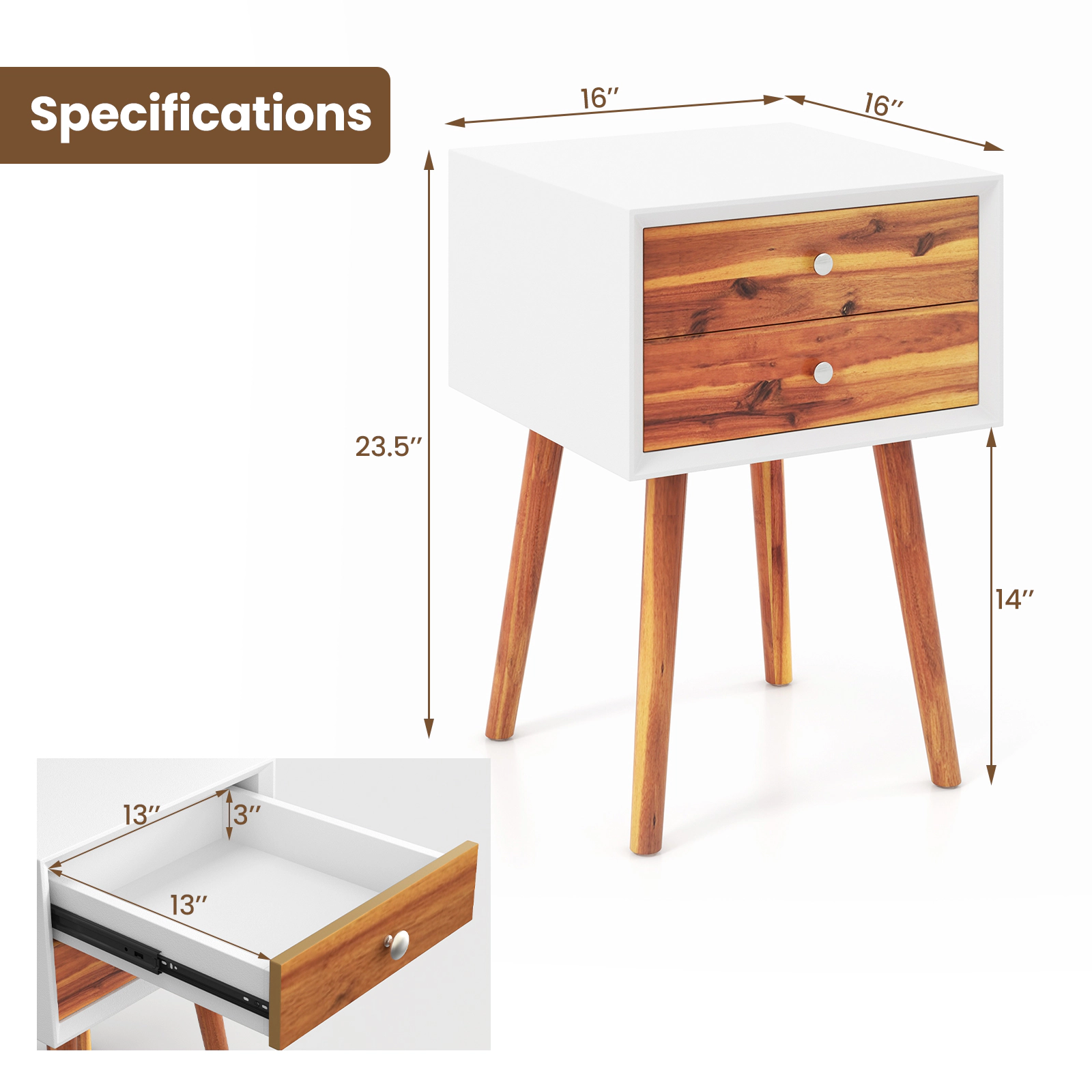 Hivvago Mid-Century Wooden Multipurpose End Table with 2 Storage Drawers