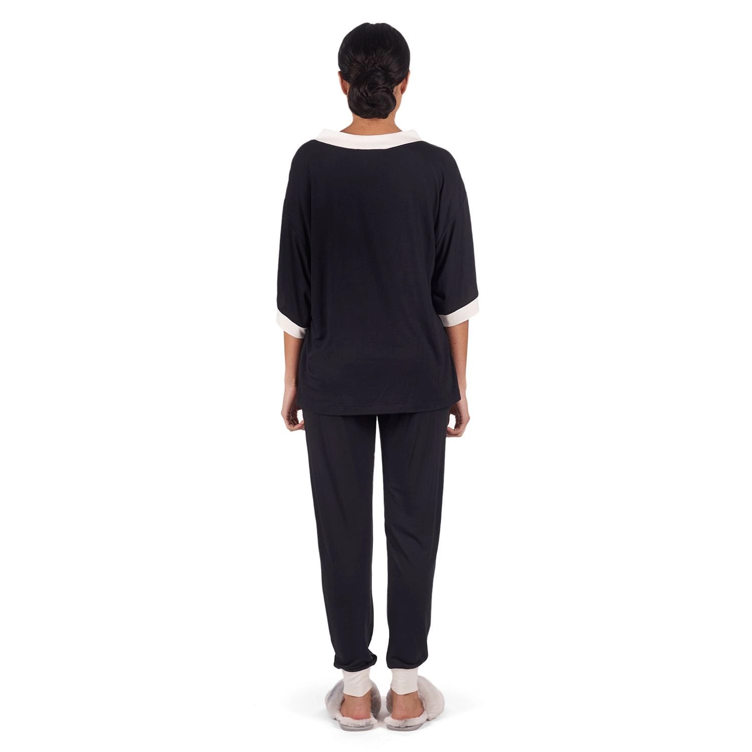 MeMoi Women's Contrast Trim Loose Fit Modal Short Sleeve and Pants Set