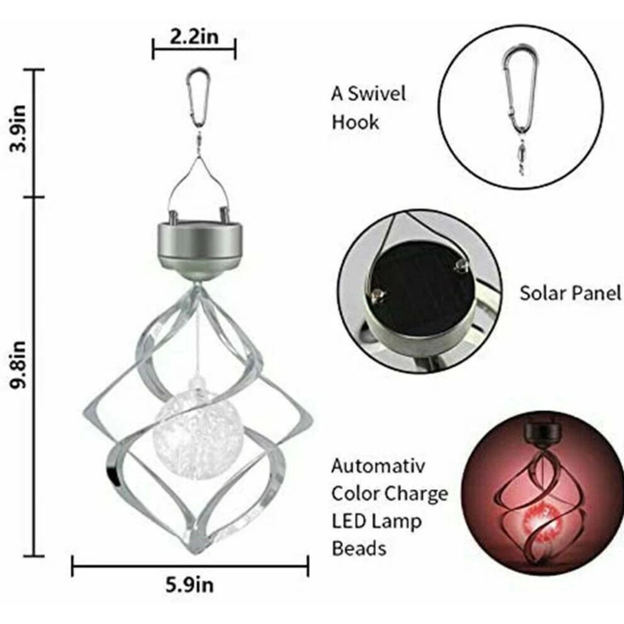 Home Collection Solar Powered LED Spiral Wind Chime Spinner Hanging Light