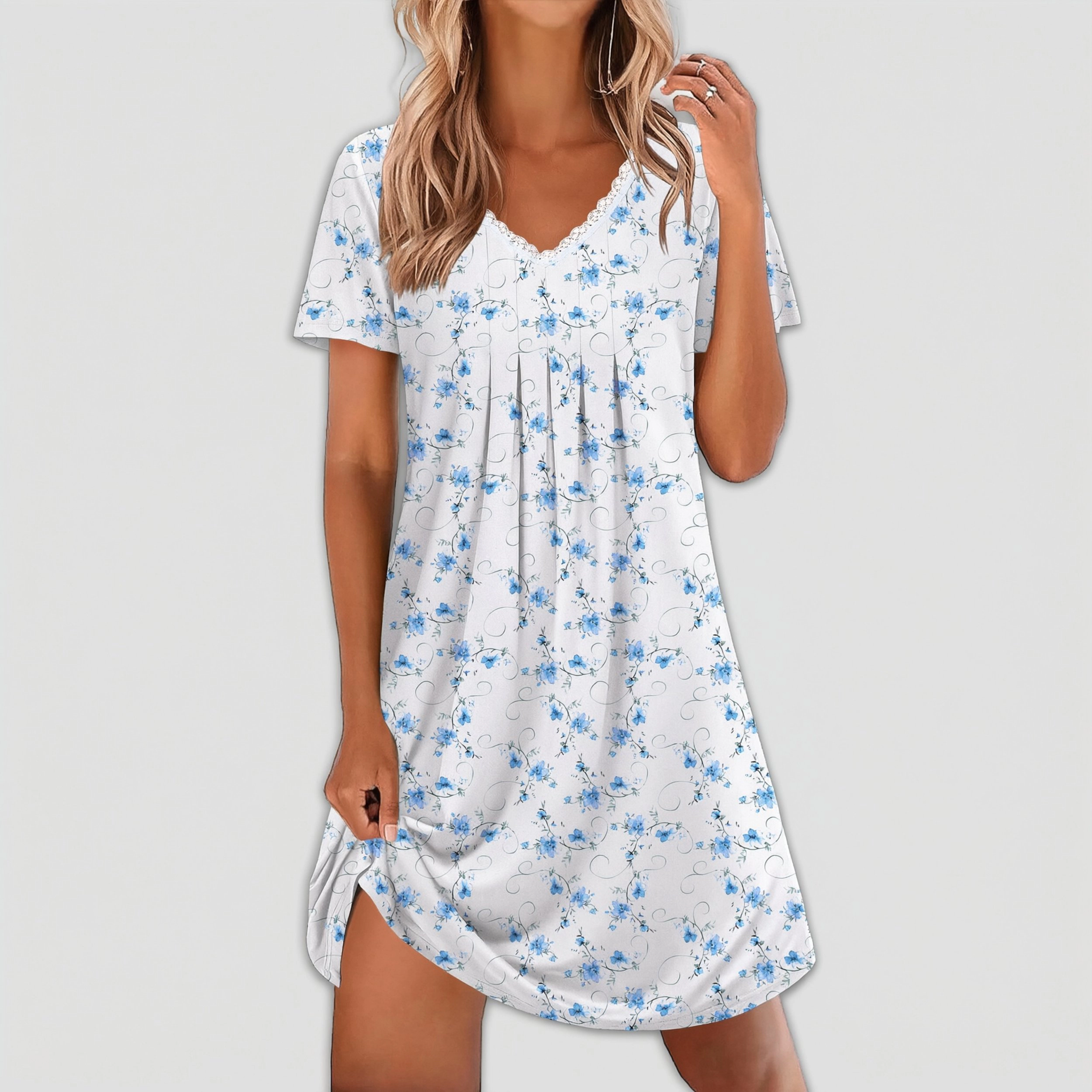 Ekouaer Nightgowns for Womens Cotton Night Gowns Short Sleeve Pleated Sleep Shirts Lace Trim Moo