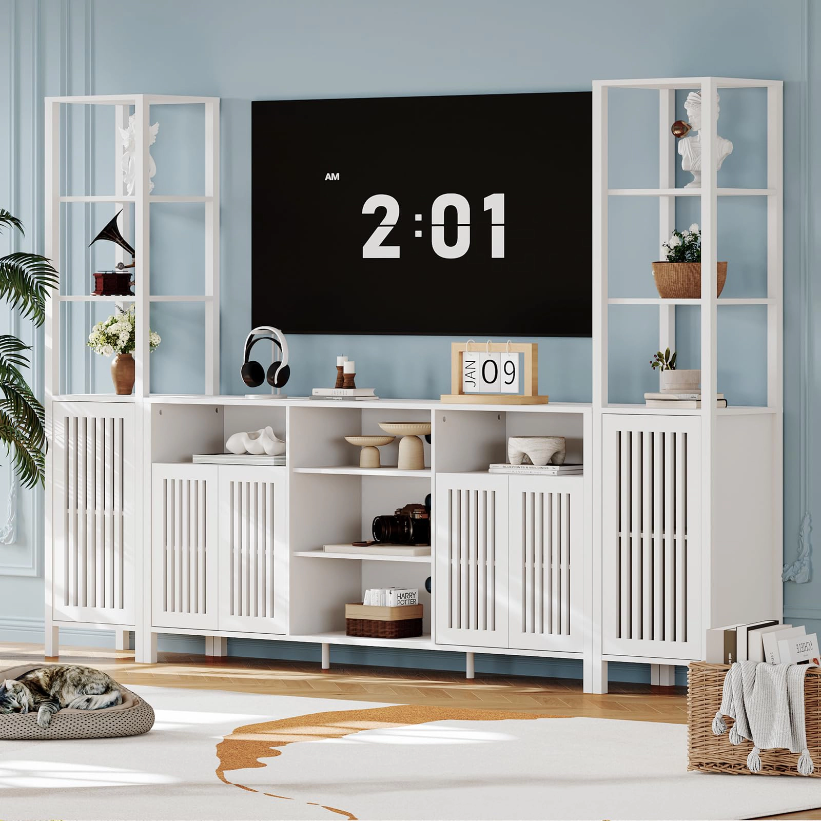 BebreezChic Large TV Stand with Set of 2 Bookcases, Farmhouse Entertainment Center for 70" Television