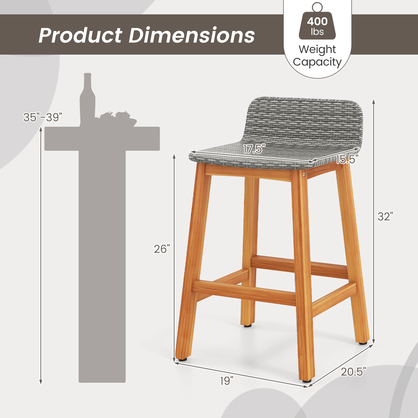 SUGIFT Outdoor Bar Stool Chair Set 400-lb Capacity 26-in Seat Height Natural