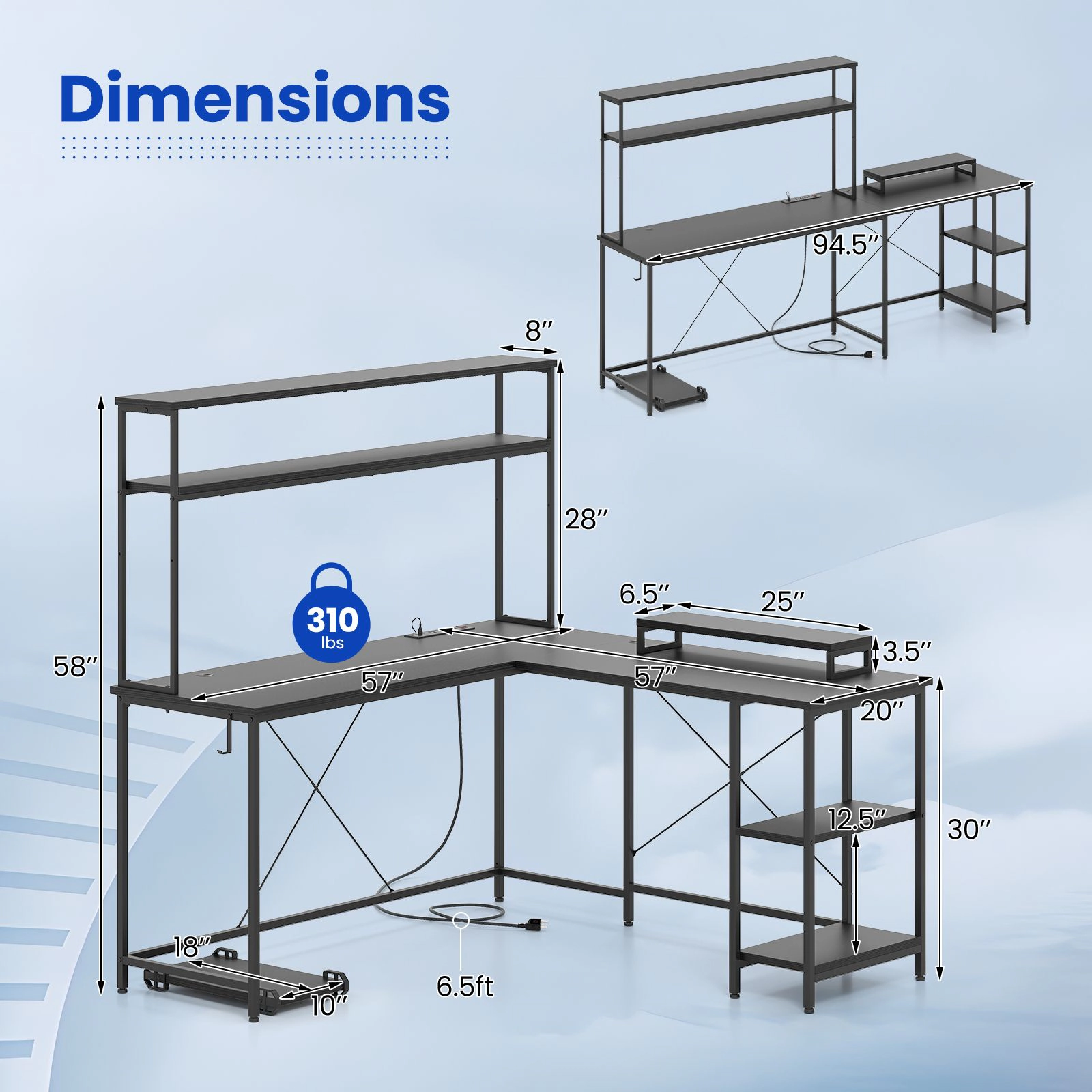 SlickBlue L Shaped Gaming Desk with LED Lights Power Strip Storage Shelves