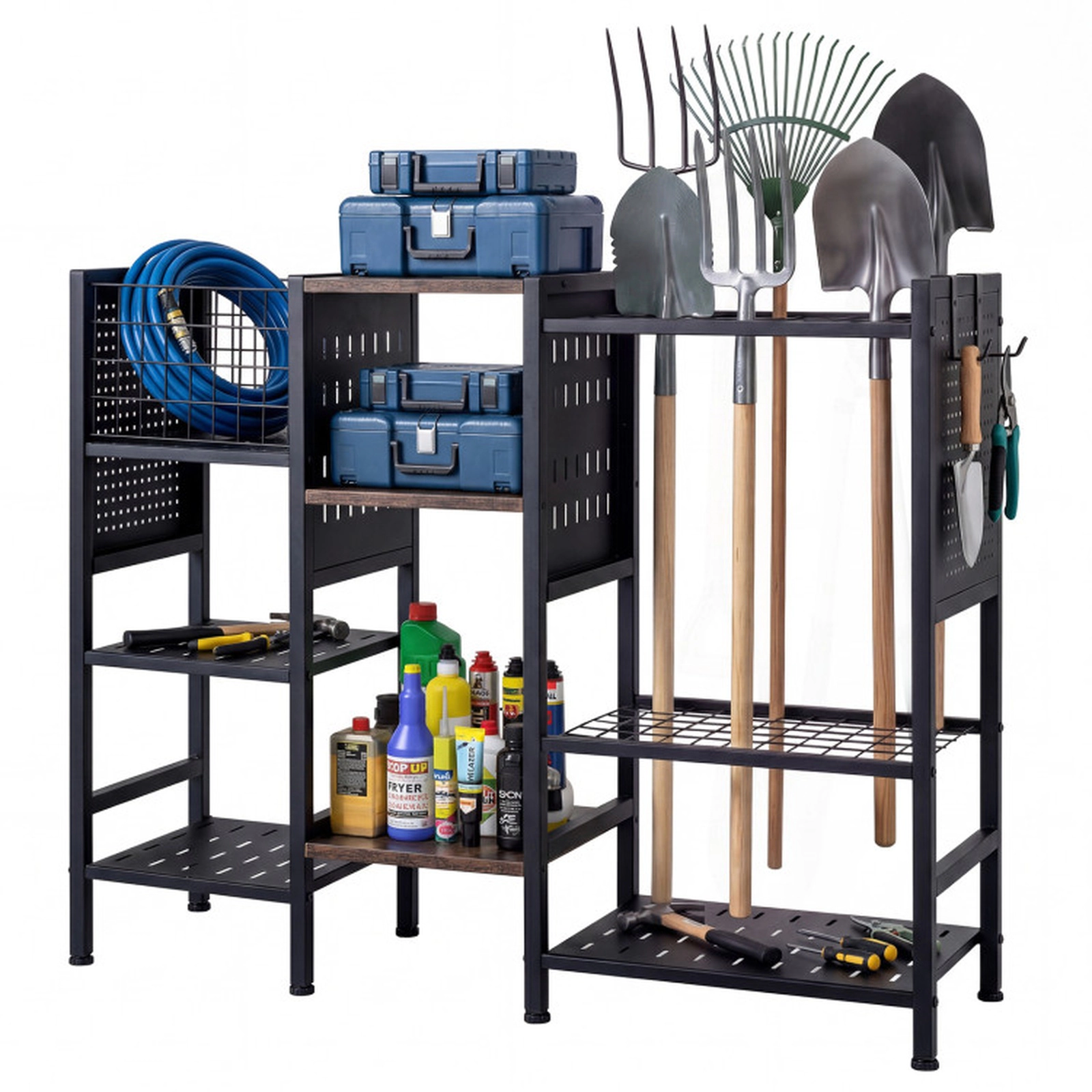 SUGIFT 40-in Wide Garden Tool Organizer with Metal Frame and Wooden Shelves 22-lb Tier Capacity Black and Rustic Brown